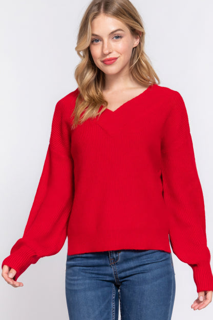 Long Slv Double V-neck Sweater - Tigbul's Variety Fashion Shop