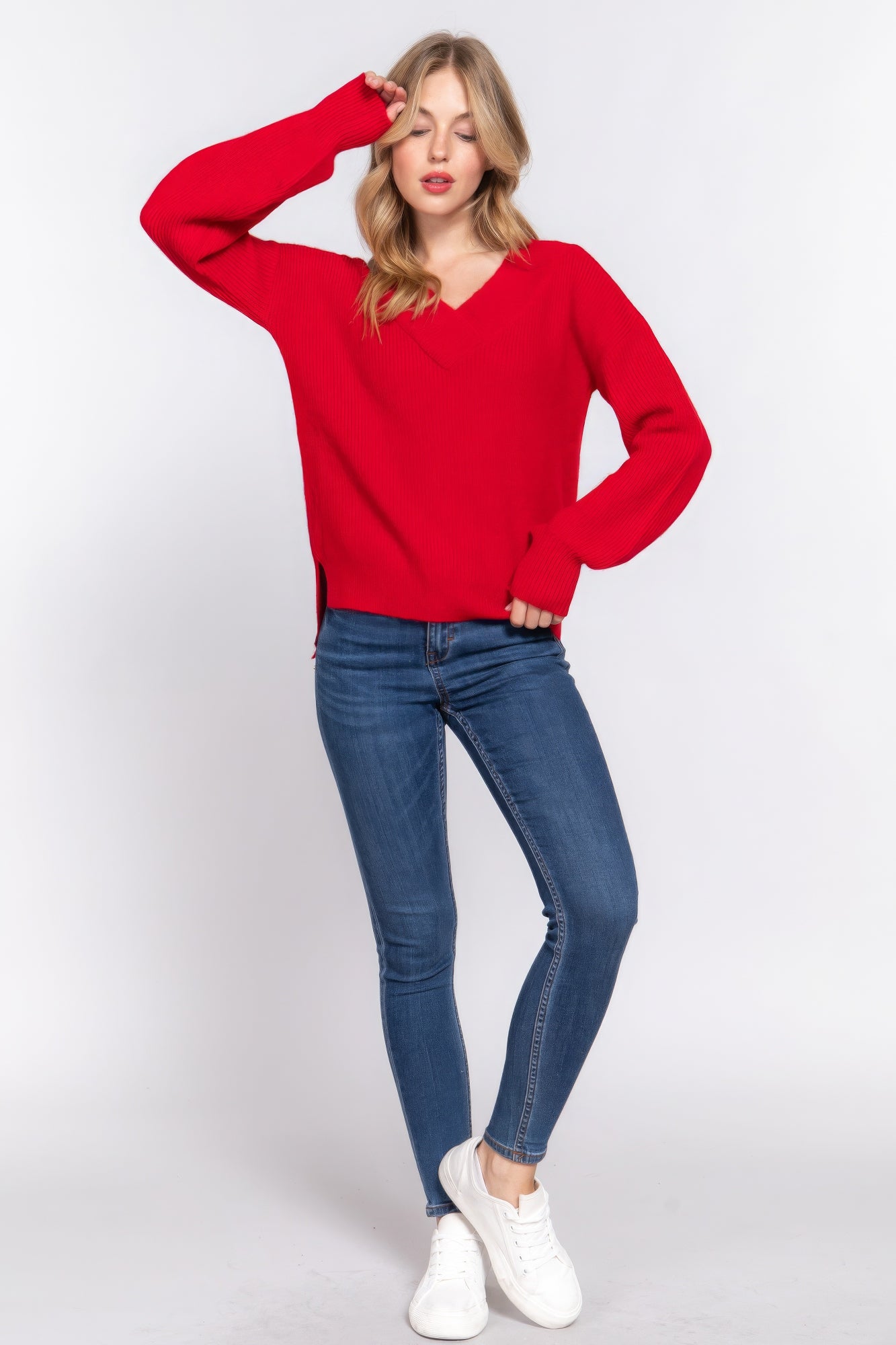 Long Slv Double V-neck Sweater - Tigbul's Variety Fashion Shop