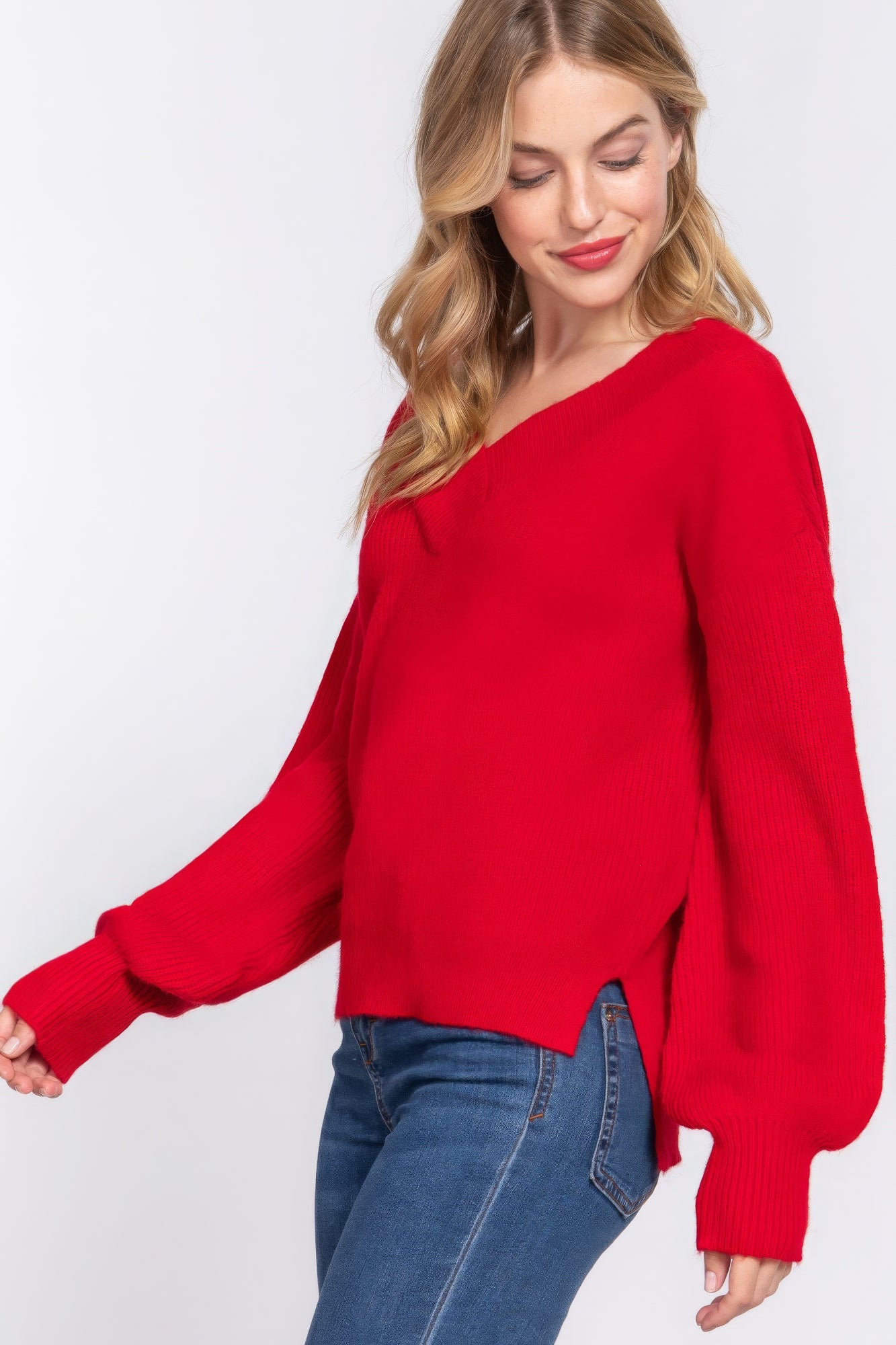 Long Slv Double V-neck Sweater - Tigbul's Variety Fashion Shop