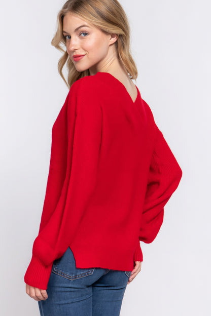 Long Slv Double V-neck Sweater - Tigbul's Variety Fashion Shop