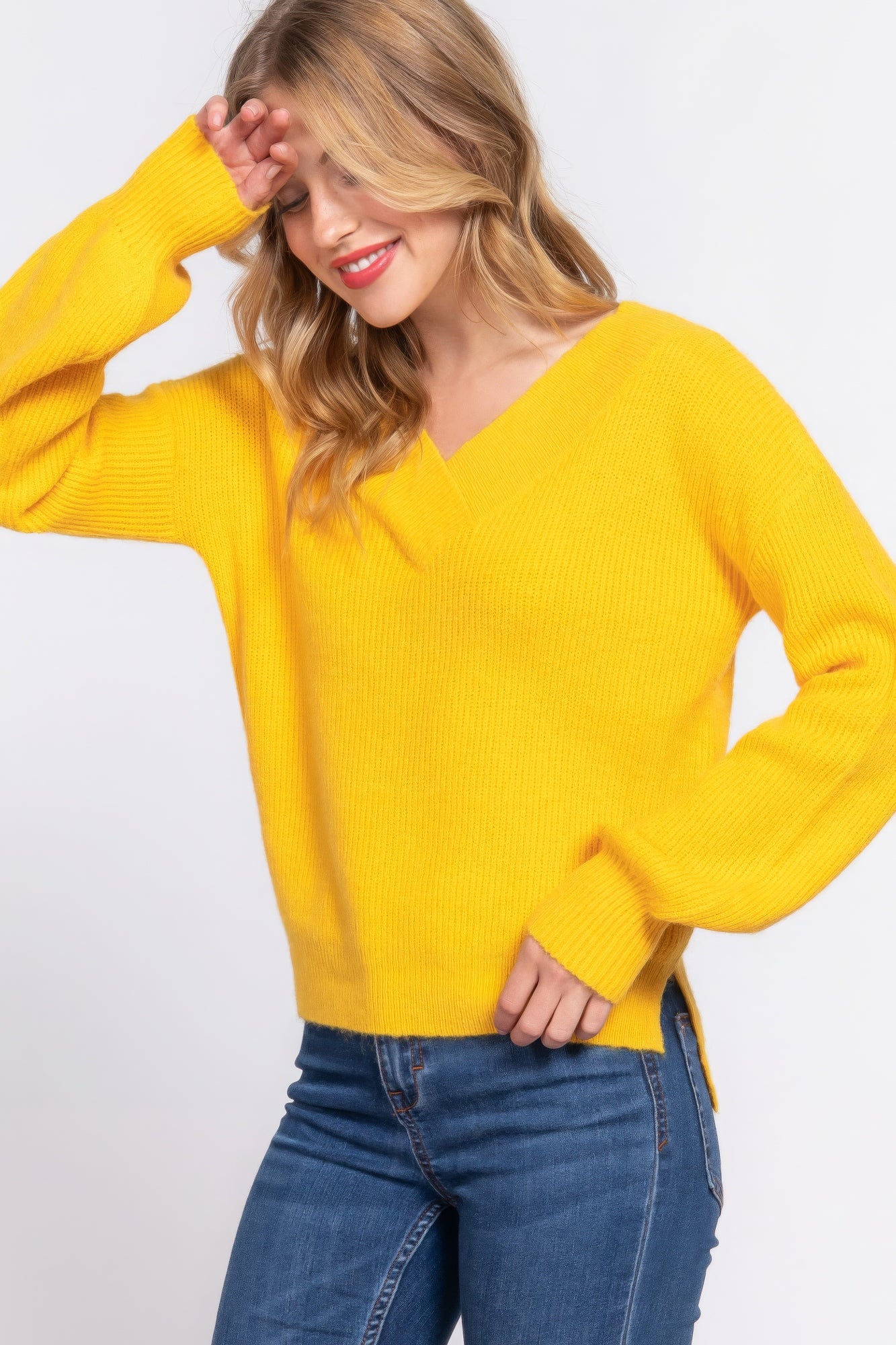 Long Slv Double V-neck Sweater - Tigbul's Variety Fashion Shop