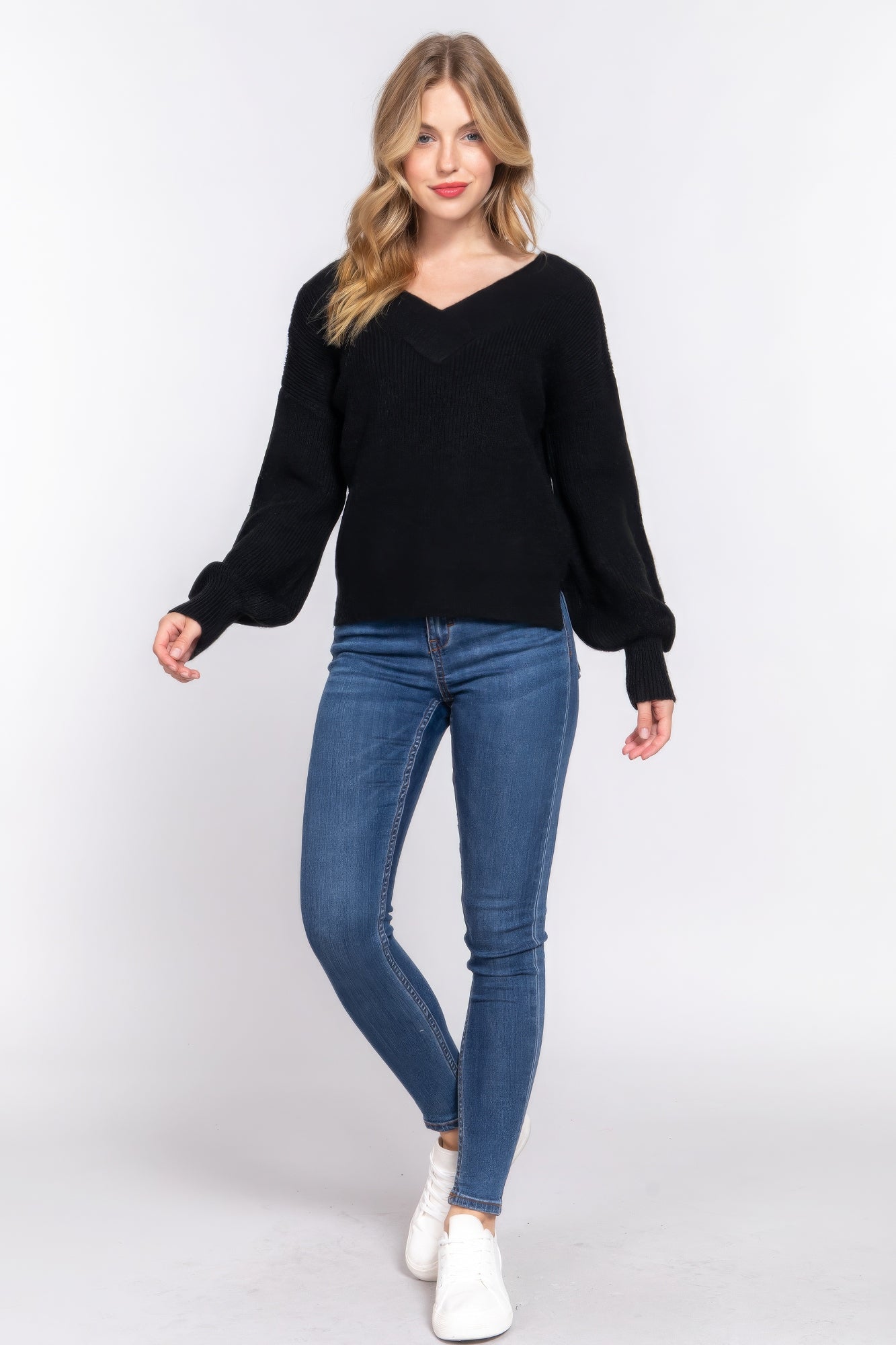 Long Slv Double V-neck Sweater - Tigbul's Variety Fashion Shop