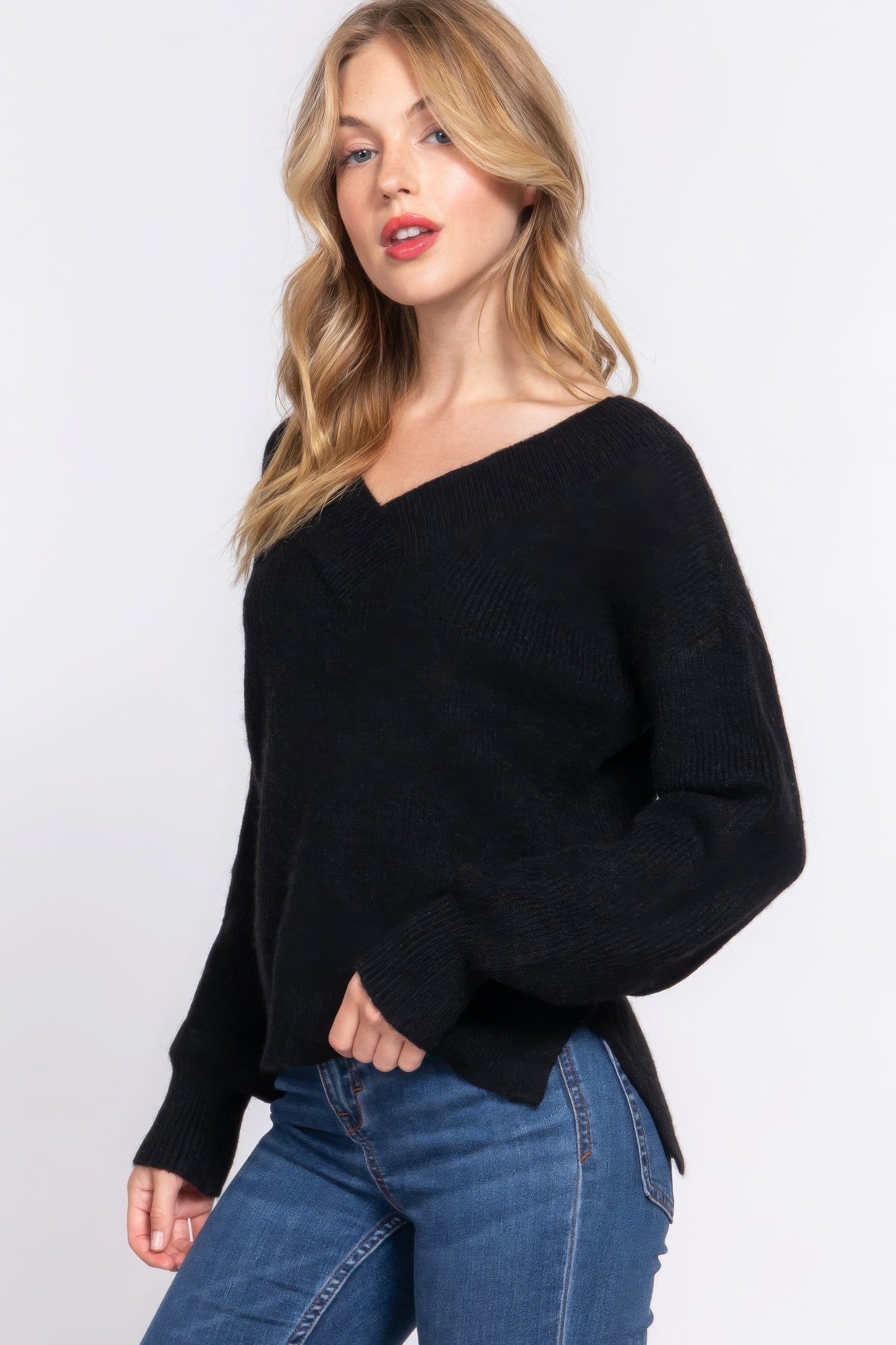 Long Slv Double V-neck Sweater - Tigbul's Variety Fashion Shop