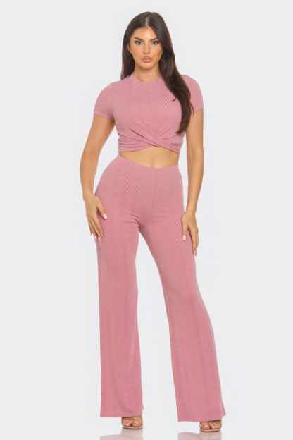 Mauve Front Twist Detail Top And Flare Pants Set - Tigbul's Variety Fashion Shop