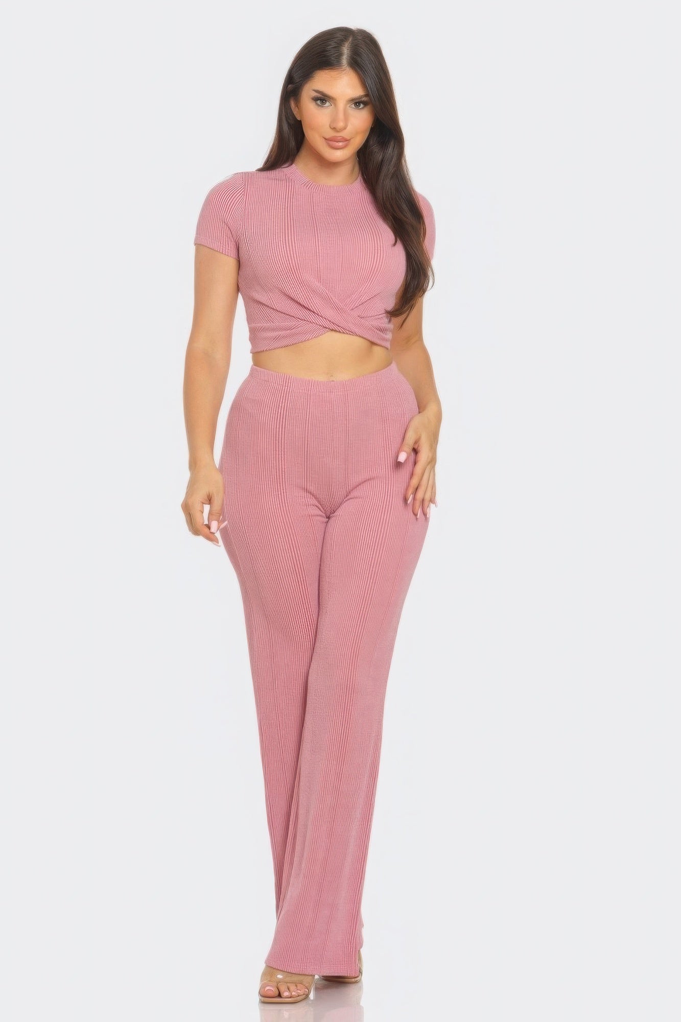 Mauve Front Twist Detail Top And Flare Pants Set - Tigbul's Variety Fashion Shop