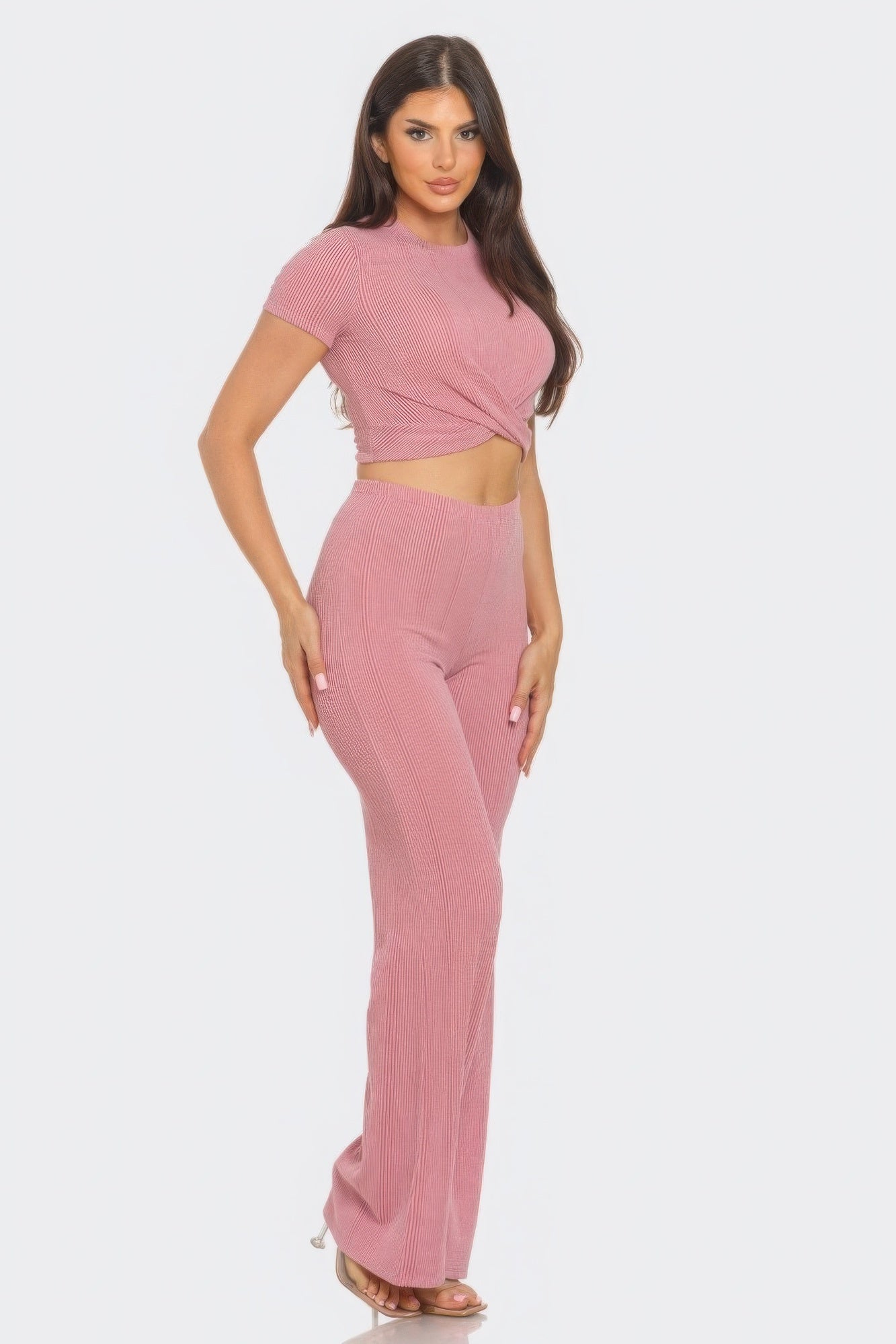 Mauve Front Twist Detail Top And Flare Pants Set - Tigbul's Variety Fashion Shop