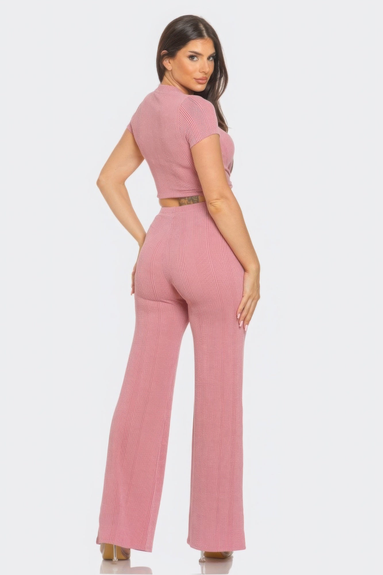 Mauve Front Twist Detail Top And Flare Pants Set - Tigbul's Variety Fashion Shop