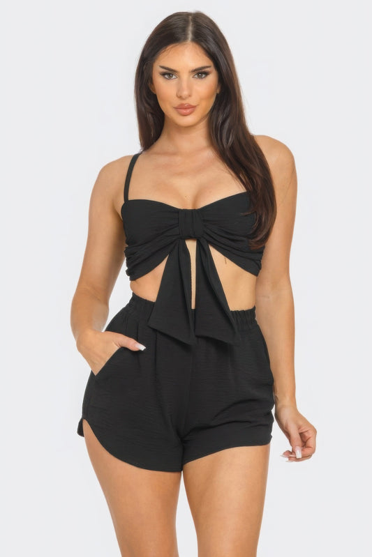 Front Oversized Bow Twisted Tie Top And Shorts Set - Tigbul's Variety Fashion Shop