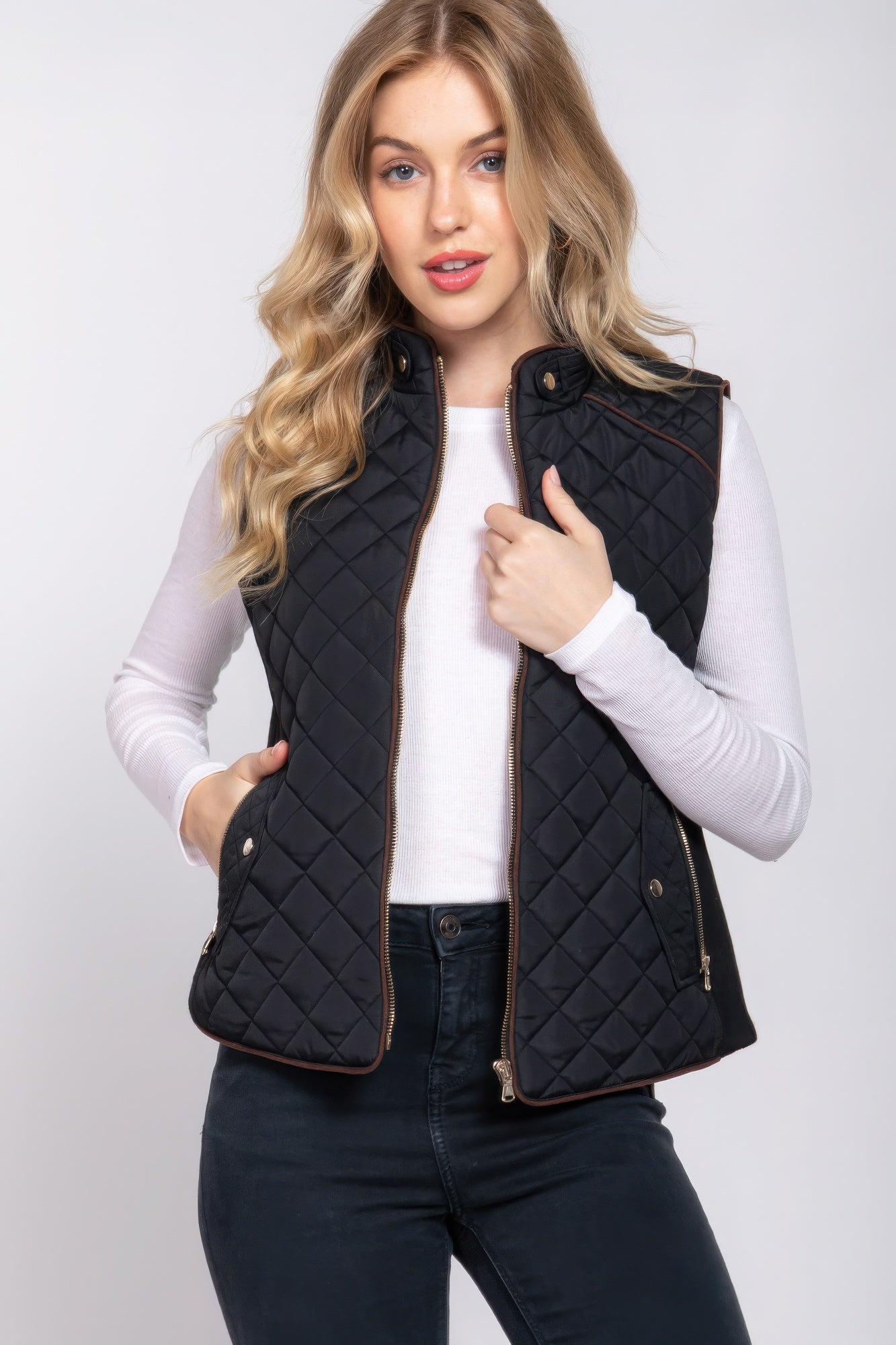 Suede Piping Quilted Padding Vest - Tigbul's Variety Fashion Shop