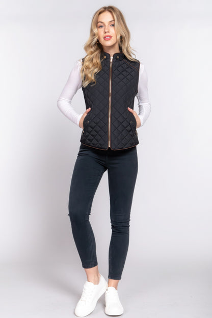 Suede Piping Quilted Padding Vest - Tigbul's Variety Fashion Shop