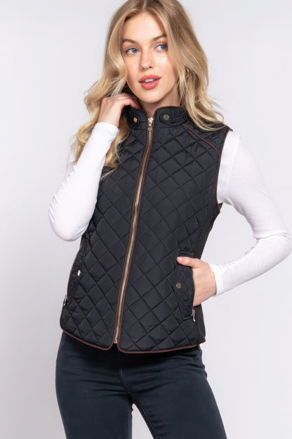 Suede Piping Quilted Padding Vest - Tigbul's Variety Fashion Shop