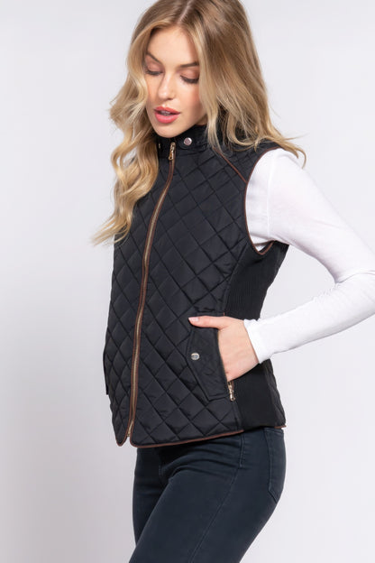 Suede Piping Quilted Padding Vest - Tigbul's Variety Fashion Shop