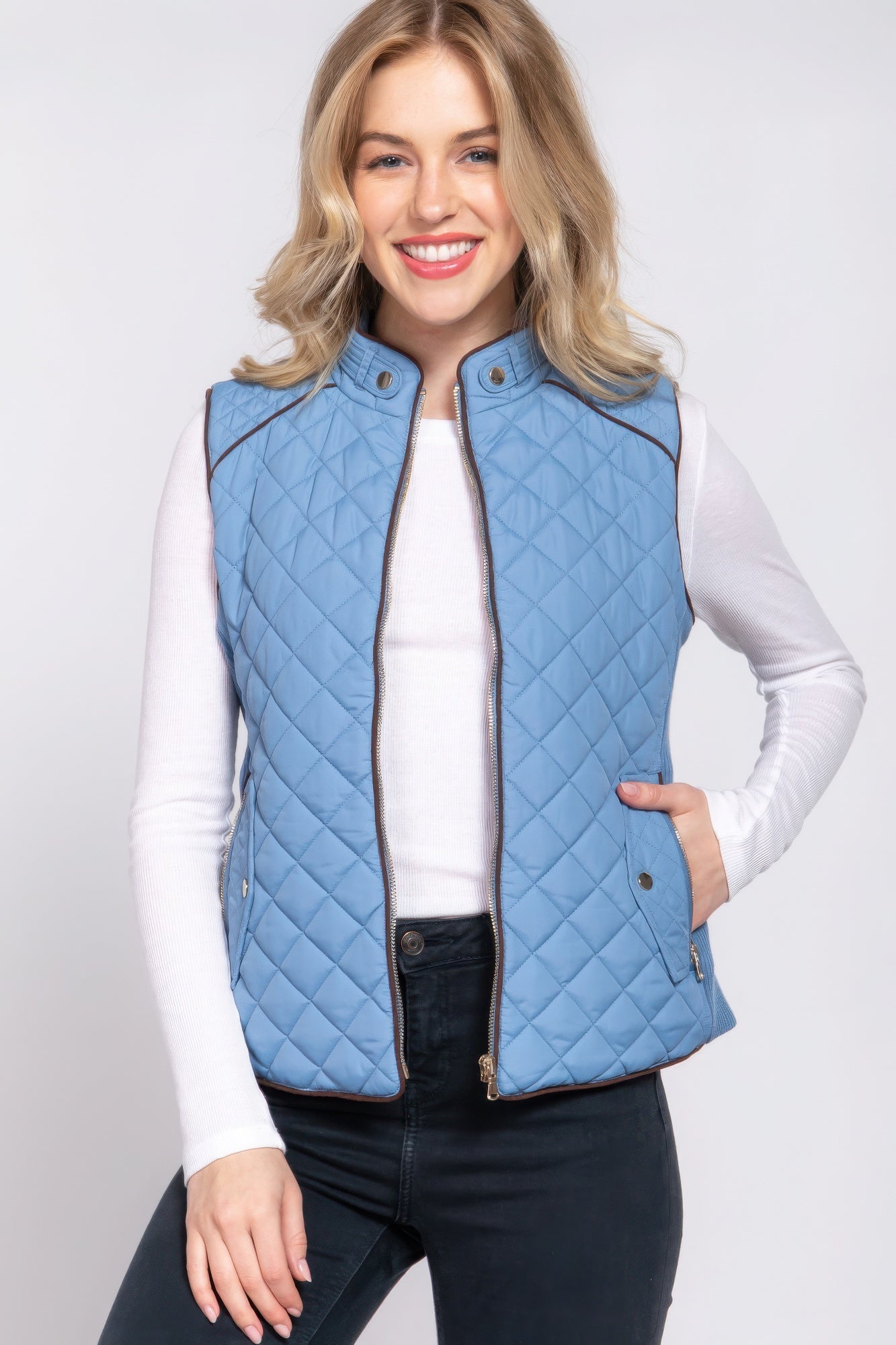 Suede Piping Quilted Padding Vest - Tigbul's Variety Fashion Shop