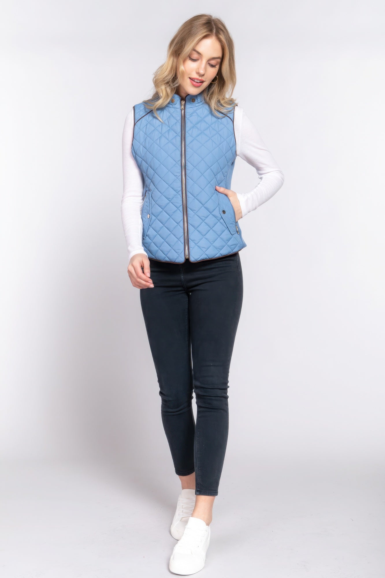 Suede Piping Quilted Padding Vest - Tigbul's Variety Fashion Shop