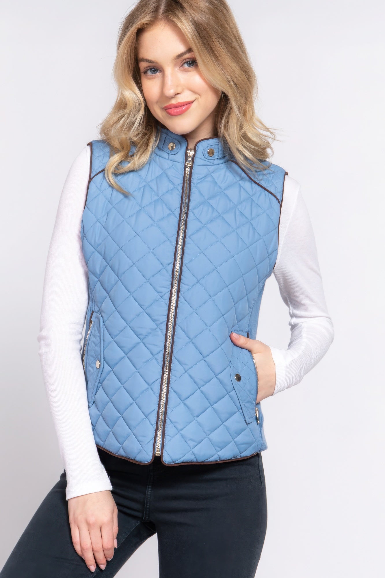 Suede Piping Quilted Padding Vest - Tigbul's Variety Fashion Shop