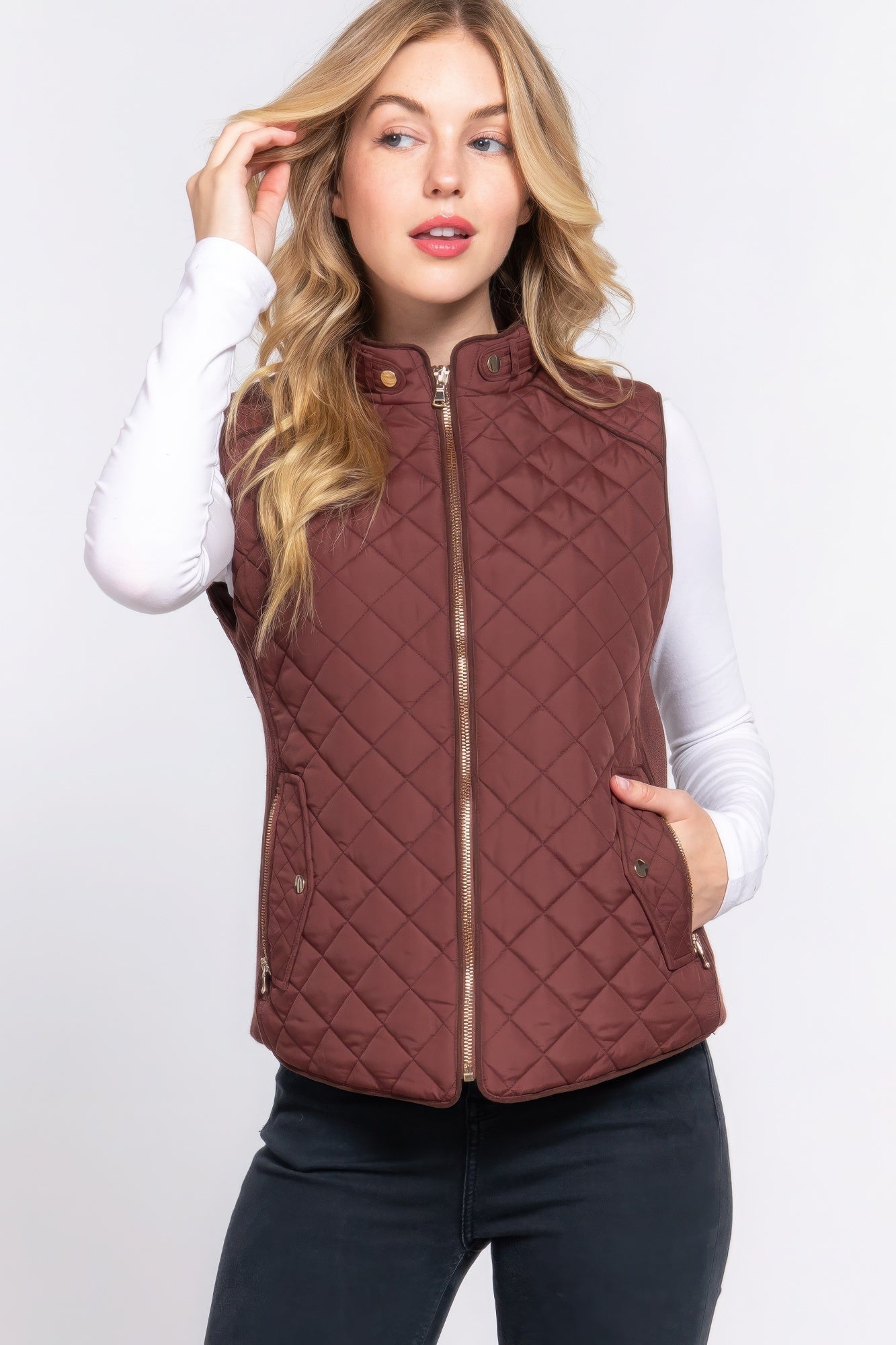 Suede Piping Quilted Padding Vest - Tigbul's Variety Fashion Shop