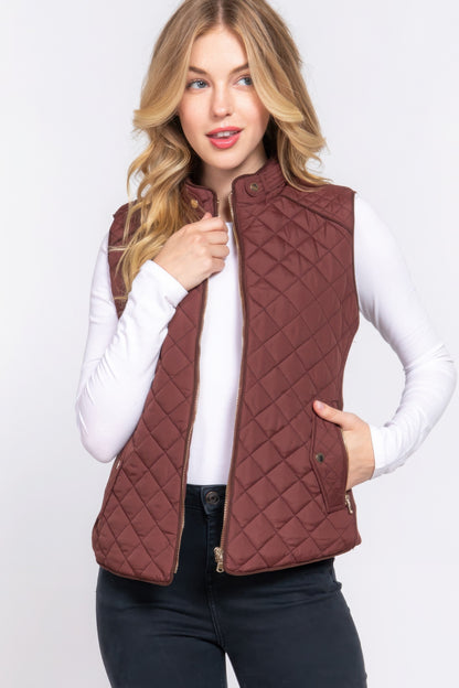 Suede Piping Quilted Padding Vest - Tigbul's Variety Fashion Shop