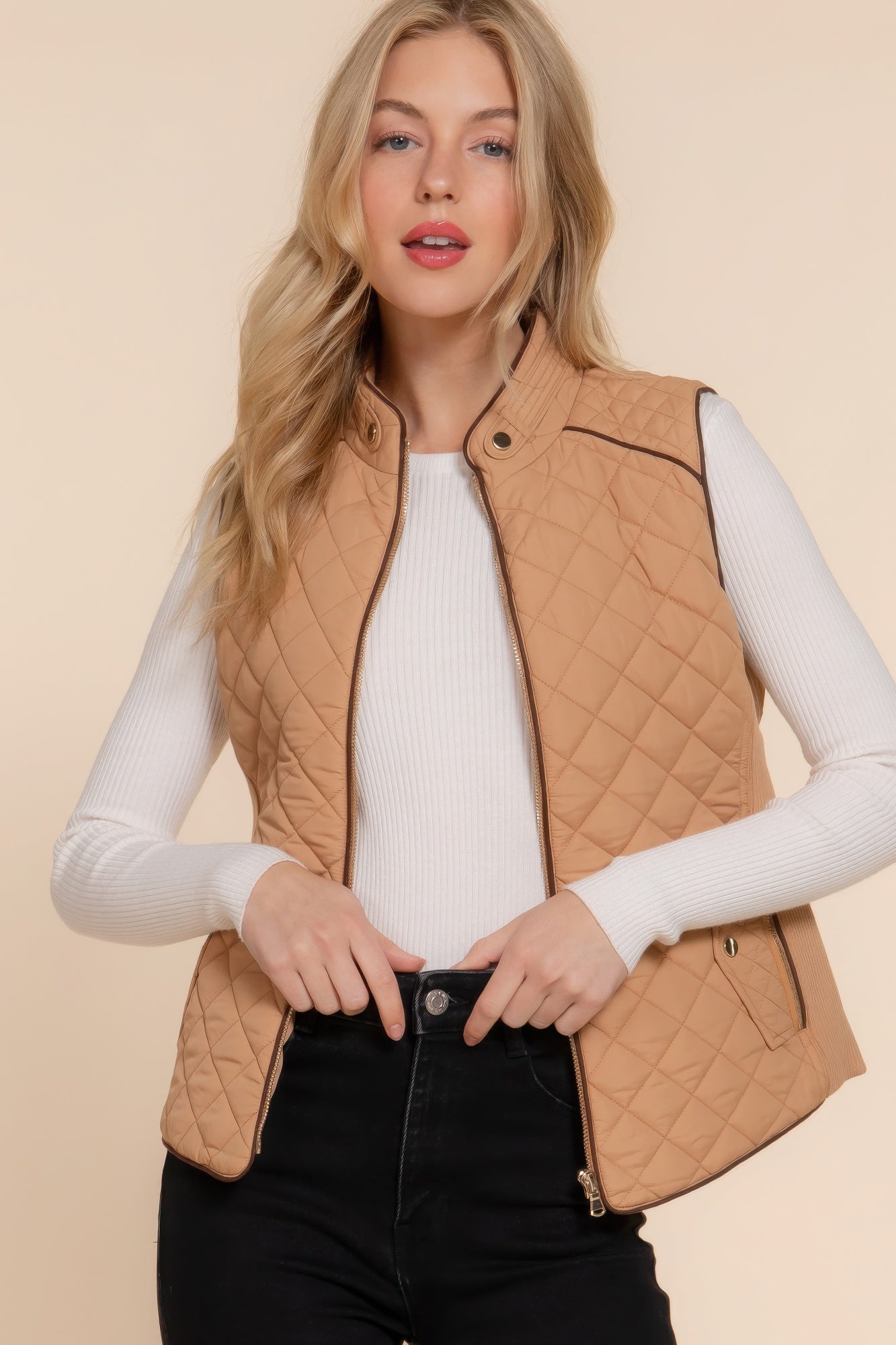 Suede Piping Quilted Padding Vest - Tigbul's Variety Fashion Shop