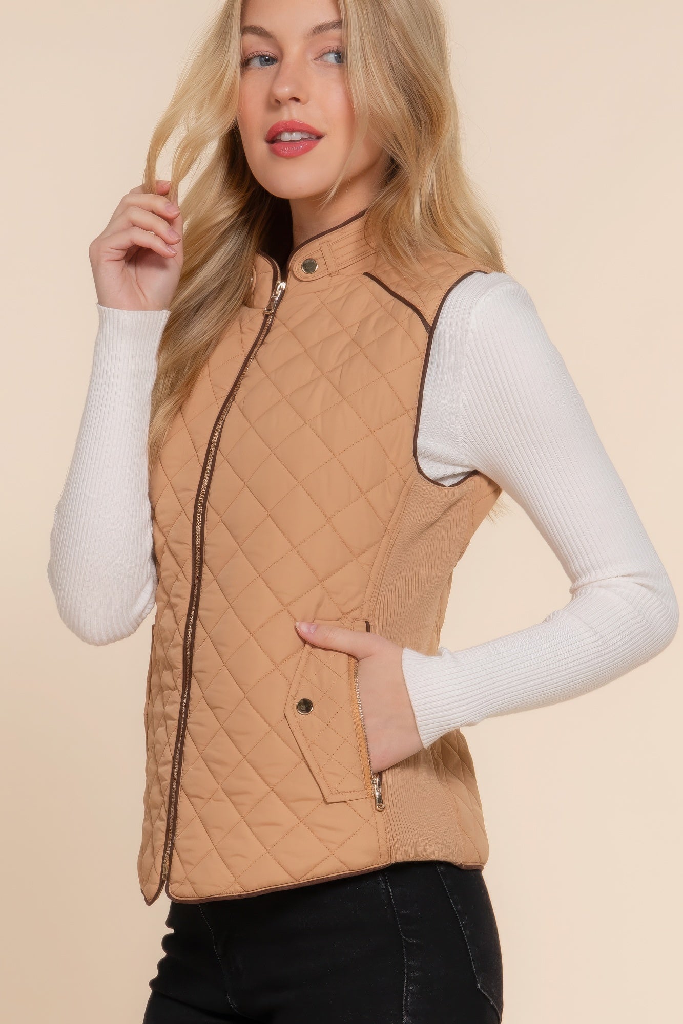 Suede Piping Quilted Padding Vest - Tigbul's Variety Fashion Shop