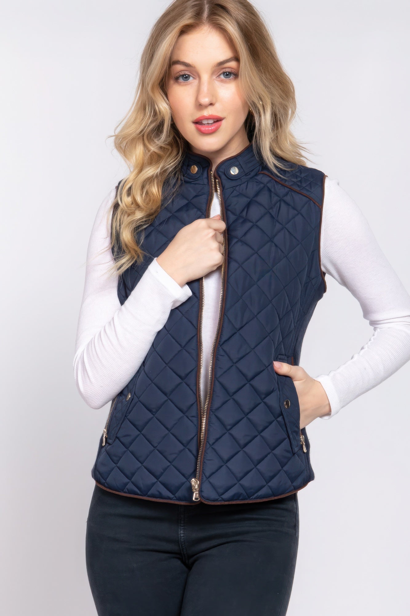 Suede Piping Quilted Padding Vest - Tigbul's Variety Fashion Shop