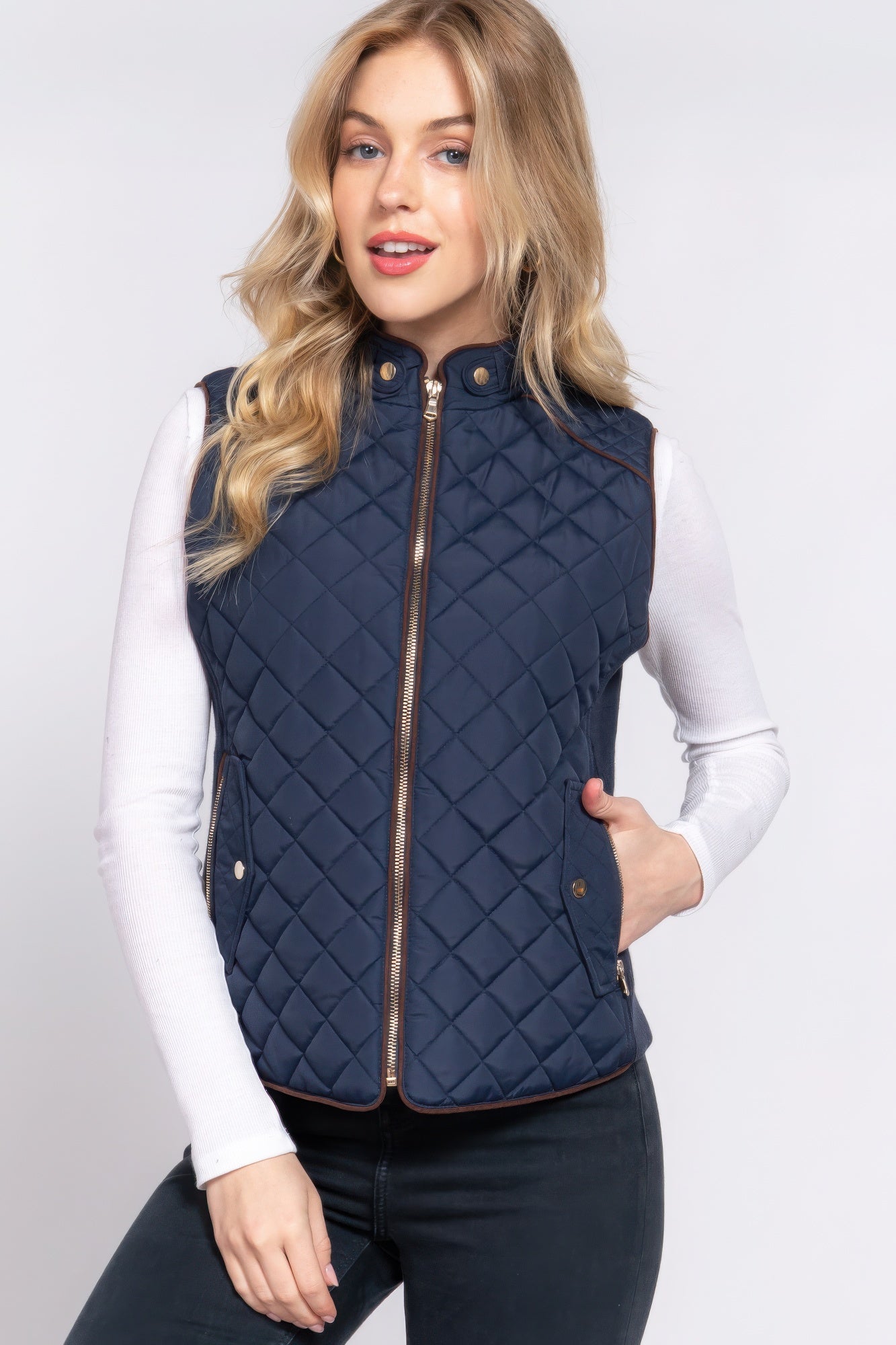 Suede Piping Quilted Padding Vest - Tigbul's Variety Fashion Shop