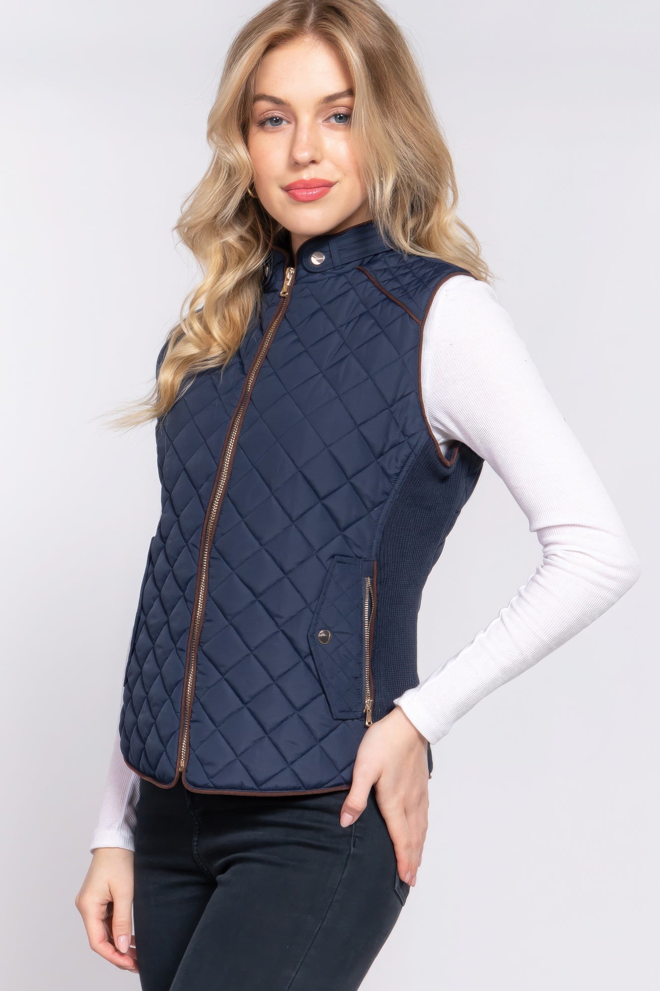 Suede Piping Quilted Padding Vest - Tigbul's Variety Fashion Shop