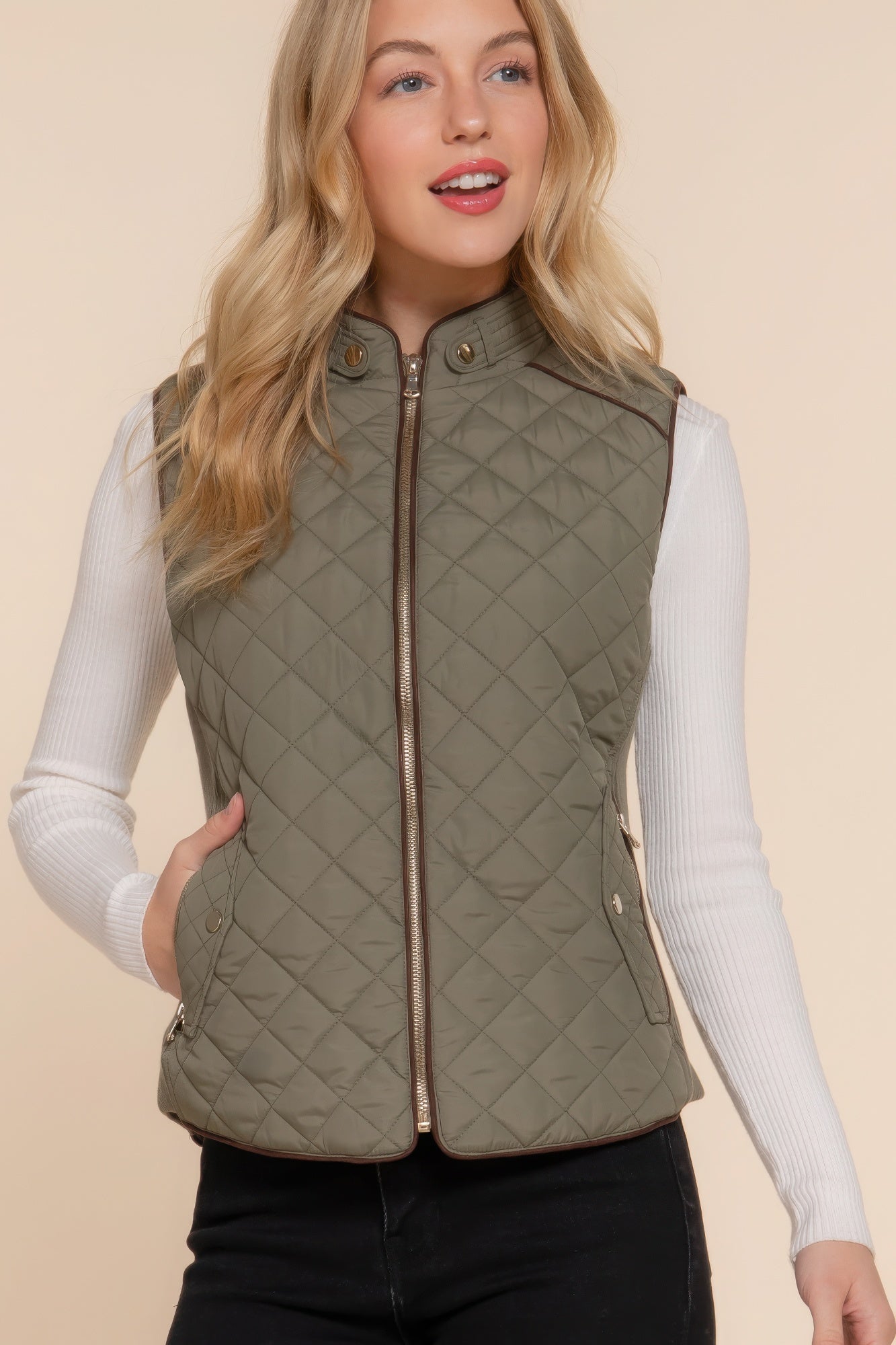 Suede Piping Quilted Padding Vest - Tigbul's Variety Fashion Shop