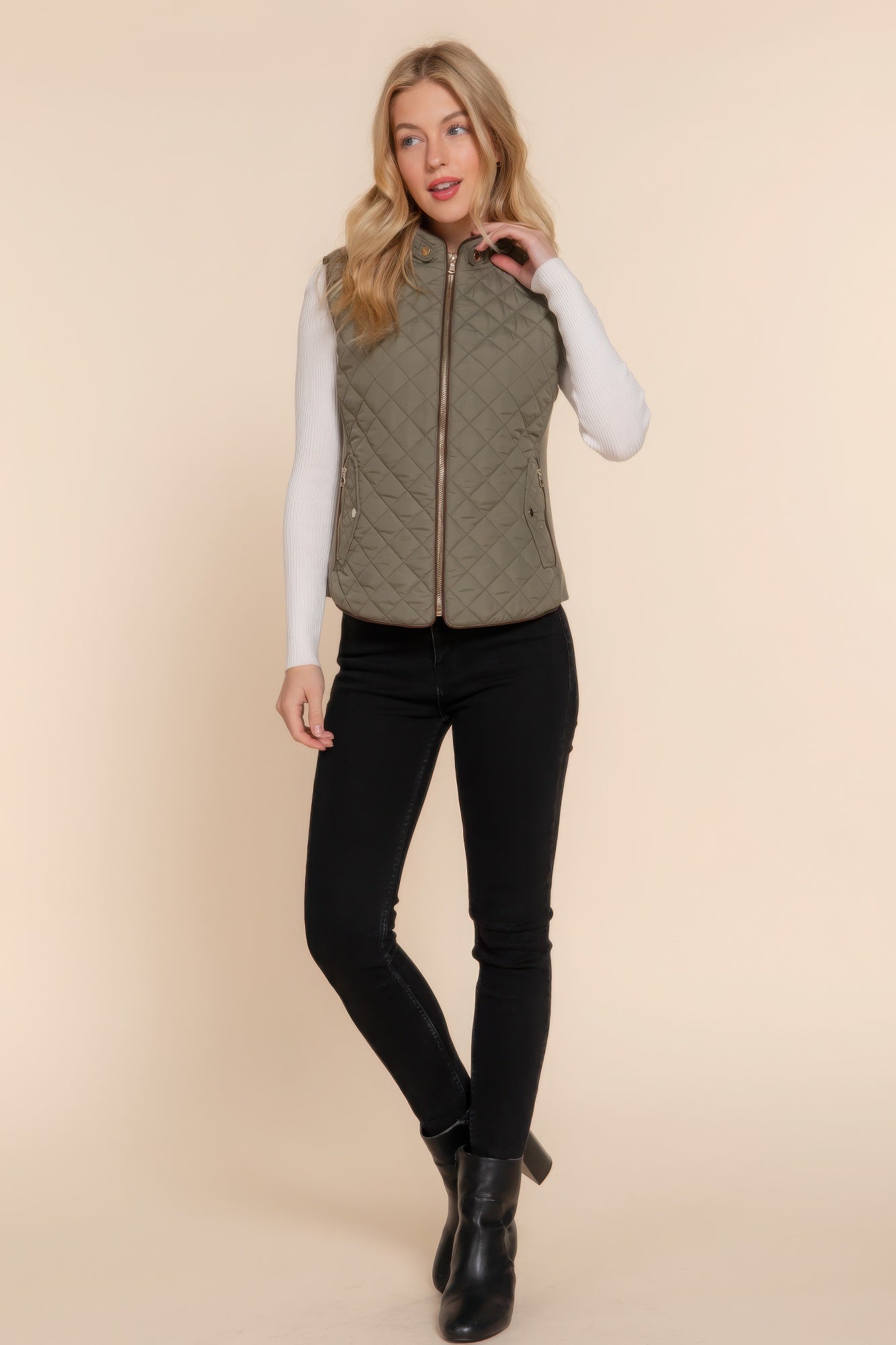 Suede Piping Quilted Padding Vest - Tigbul's Variety Fashion Shop