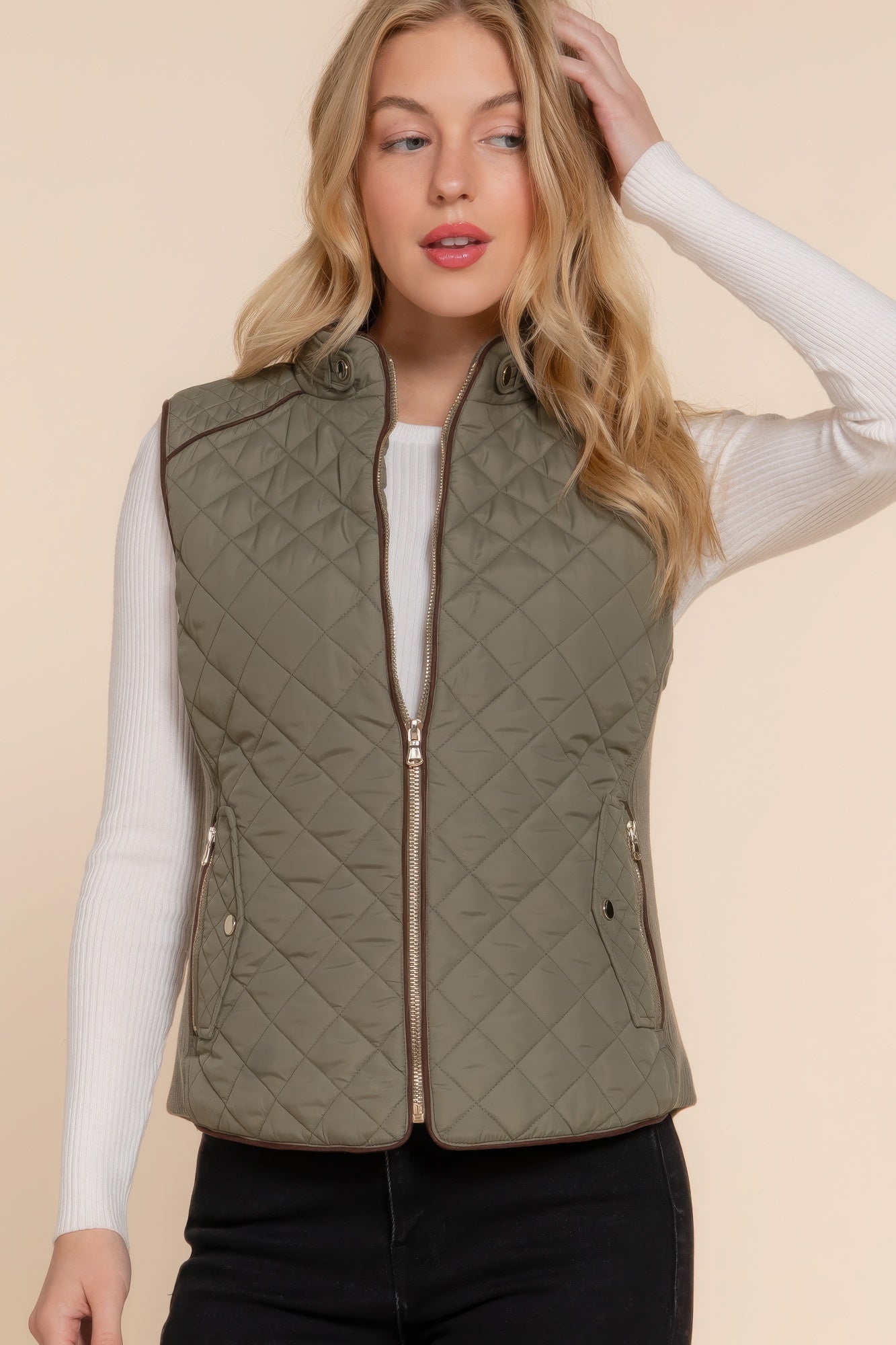 Suede Piping Quilted Padding Vest - Tigbul's Variety Fashion Shop