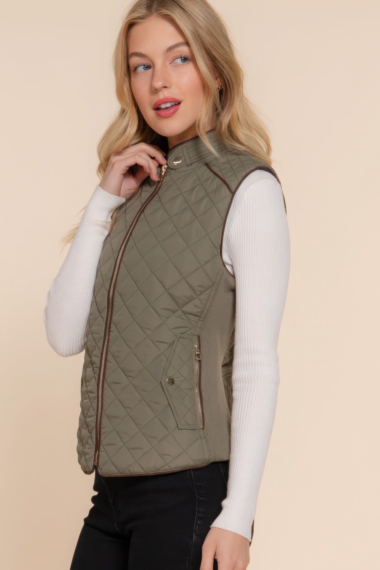 Suede Piping Quilted Padding Vest - Tigbul's Variety Fashion Shop