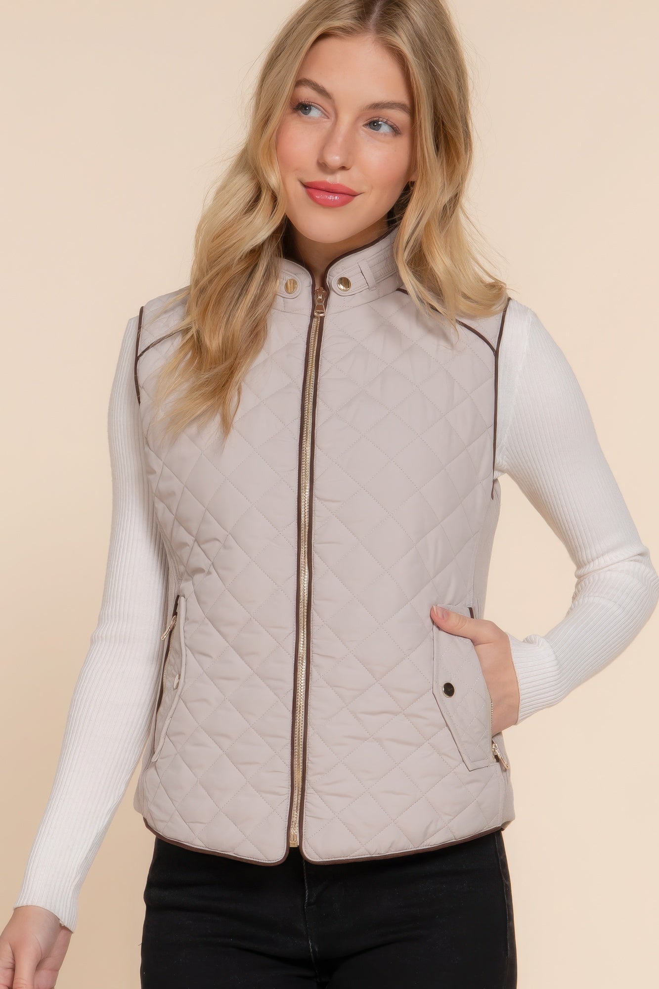 Suede Piping Quilted Padding Vest - Tigbul's Variety Fashion Shop