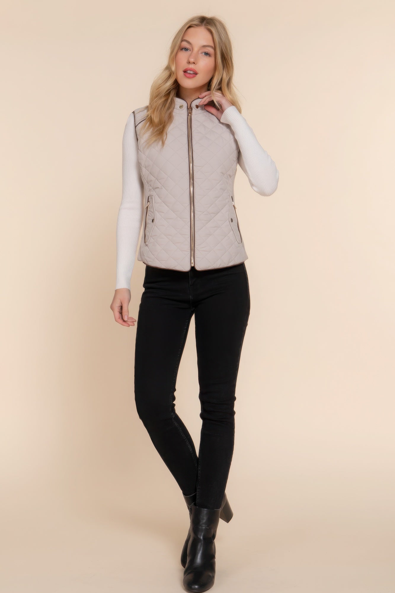 Suede Piping Quilted Padding Vest - Tigbul's Variety Fashion Shop