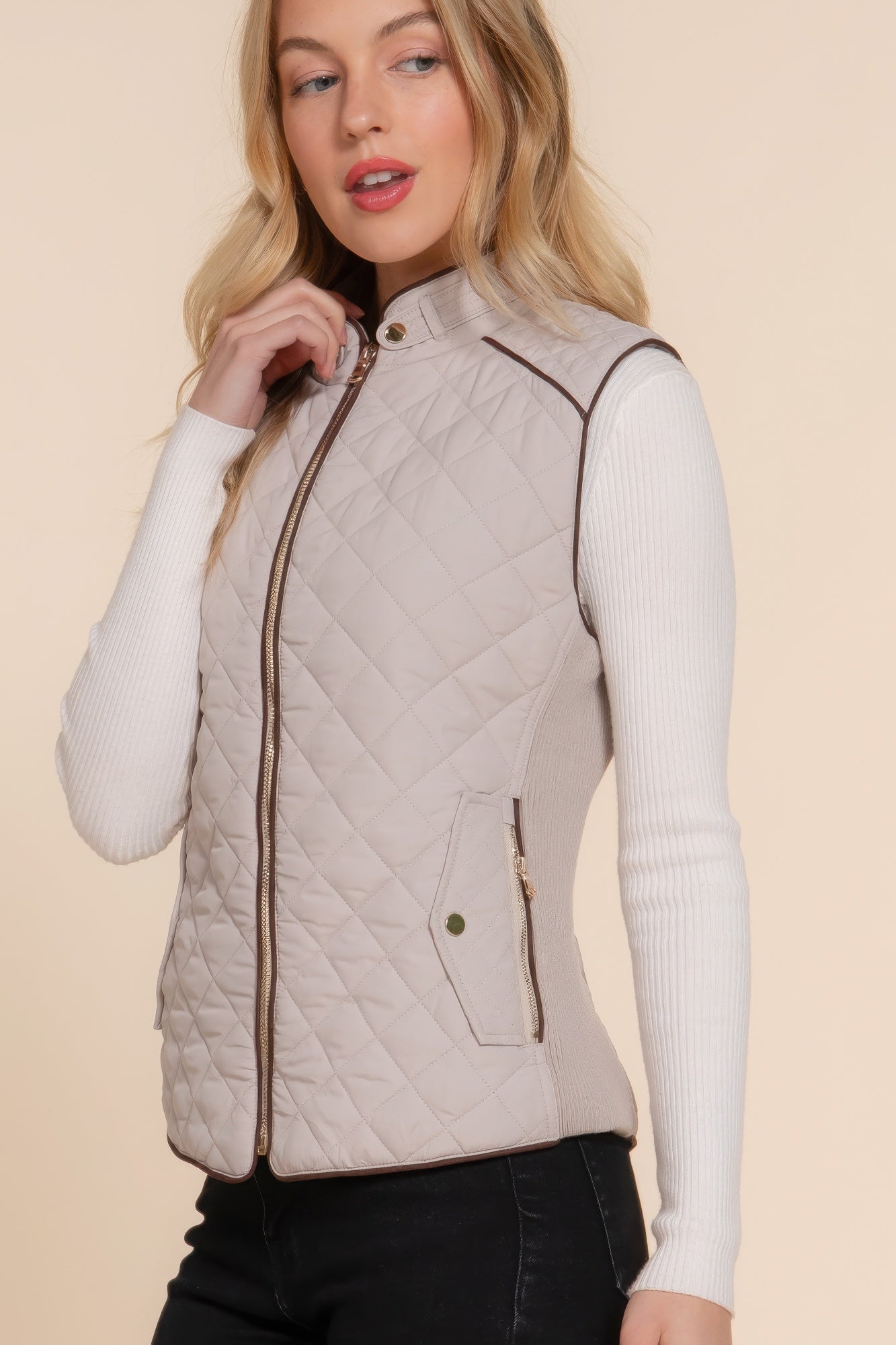 Suede Piping Quilted Padding Vest - Tigbul's Variety Fashion Shop