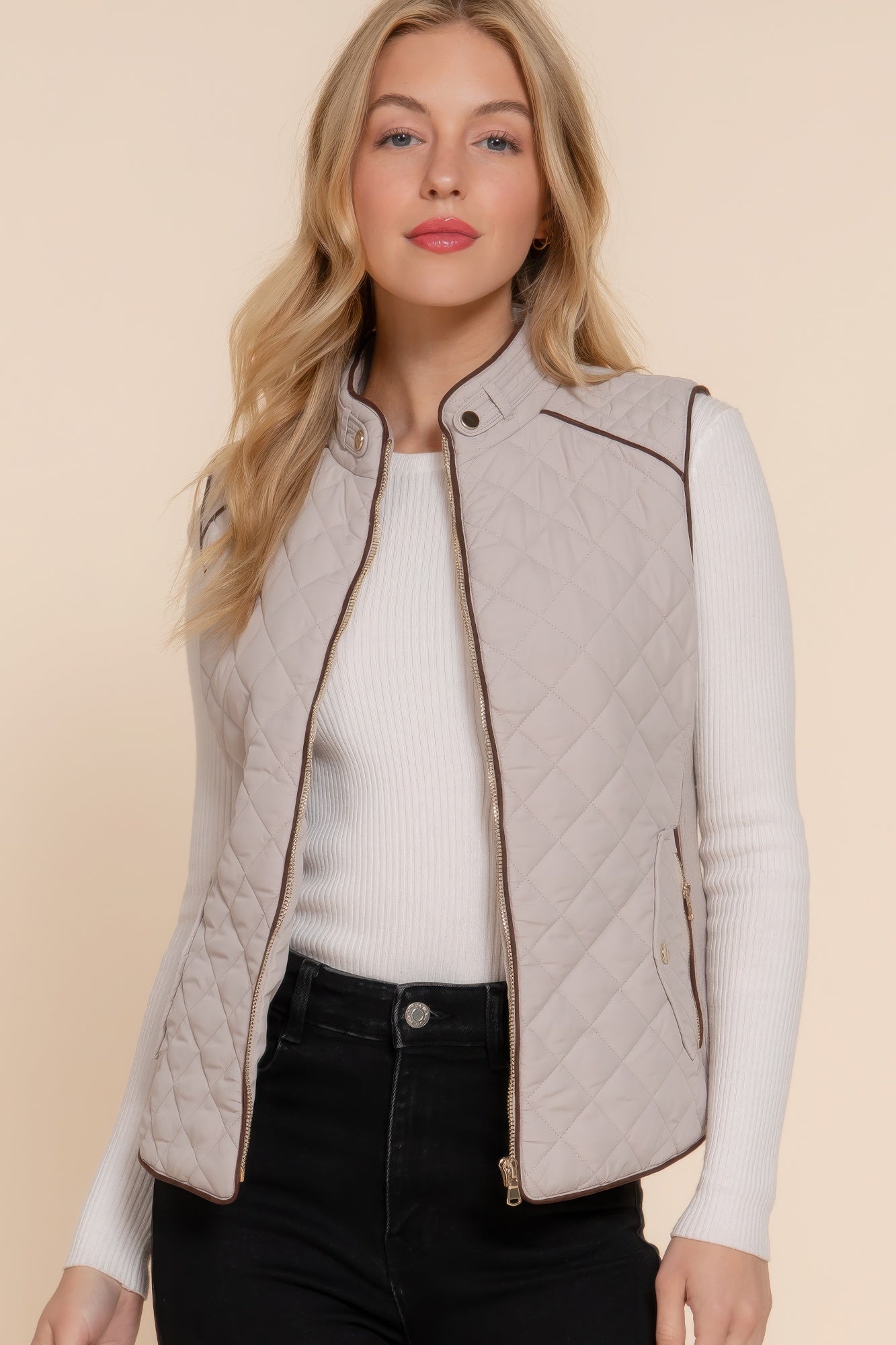 Suede Piping Quilted Padding Vest - Tigbul's Variety Fashion Shop