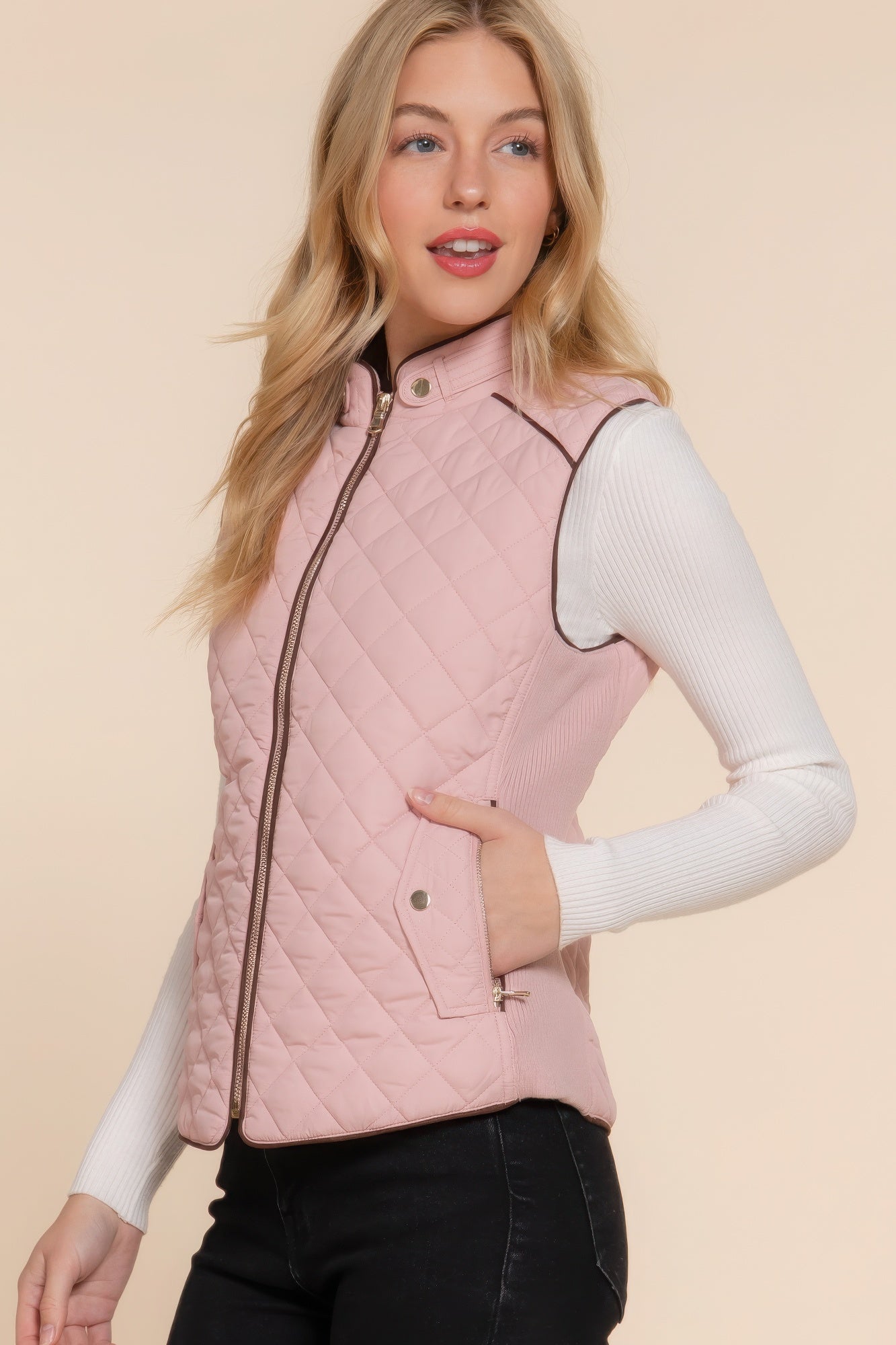 Suede Piping Quilted Padding Vest - Tigbul's Variety Fashion Shop