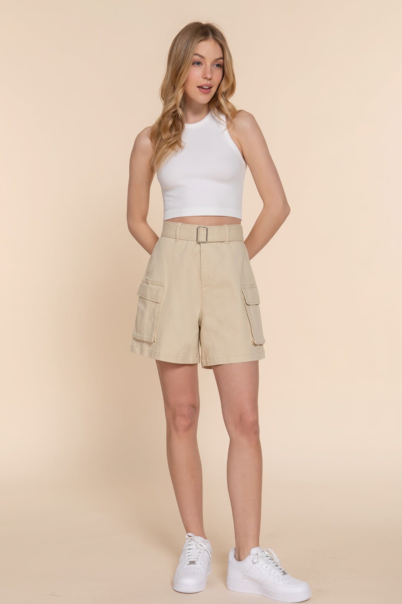 Ladies Beige Belted Cargo Shorts - Tigbul's Variety Fashion Shop