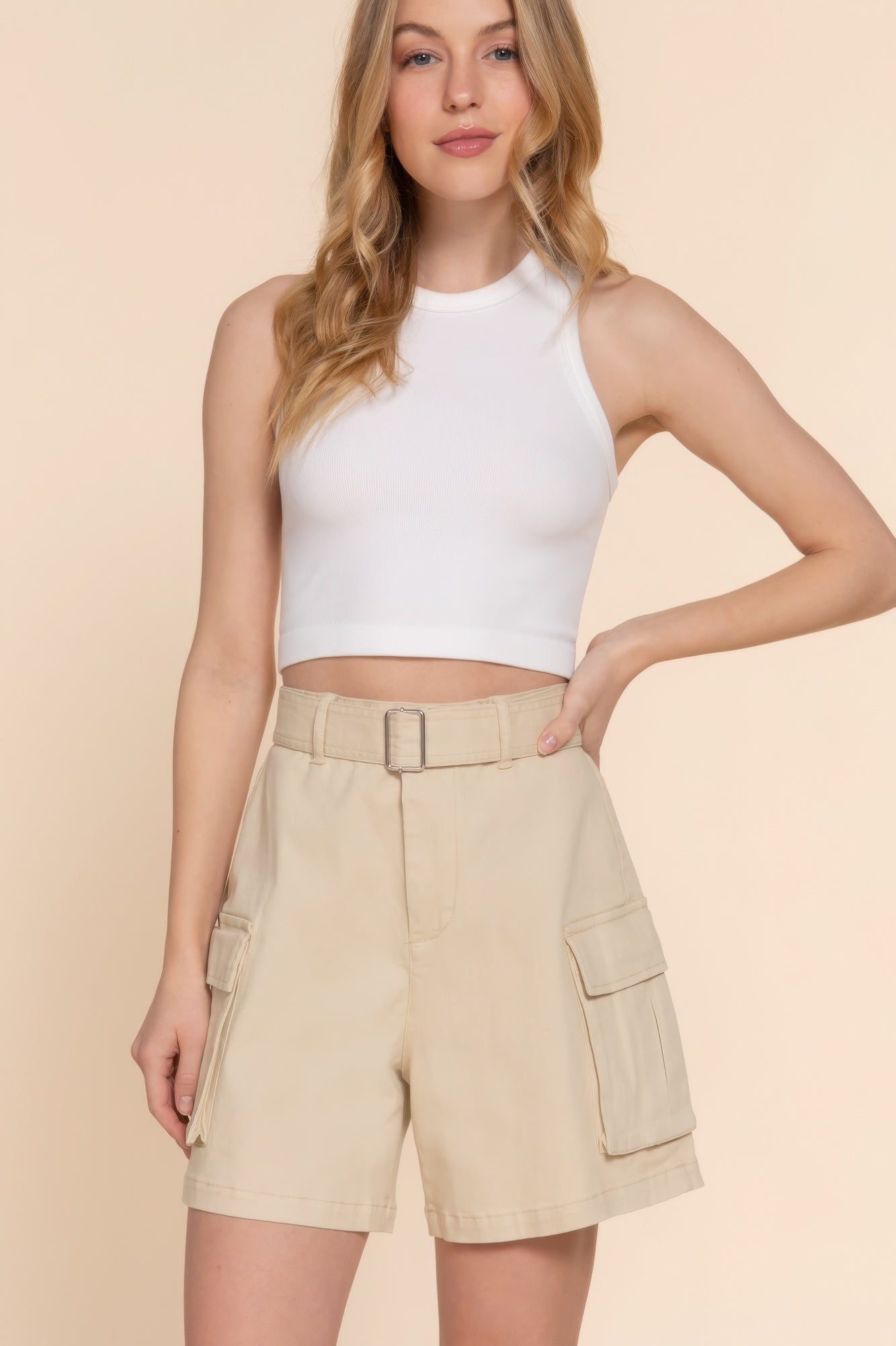 Ladies Beige Belted Cargo Shorts - Tigbul's Variety Fashion Shop