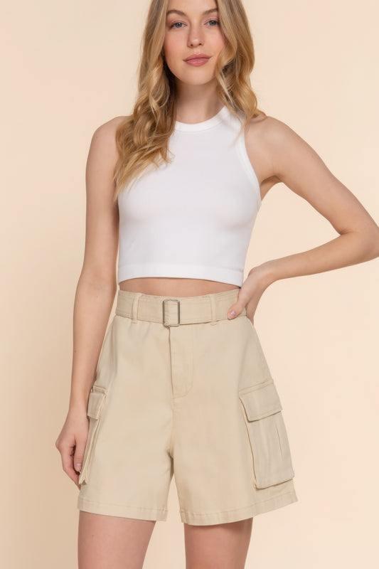 Ladies Beige Belted Cargo Shorts - Tigbul's Variety Fashion Shop