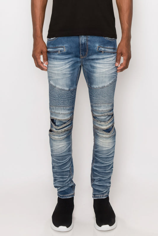 Men Creased Biker Denim Jeans - Tigbul's Variety Fashion Shop