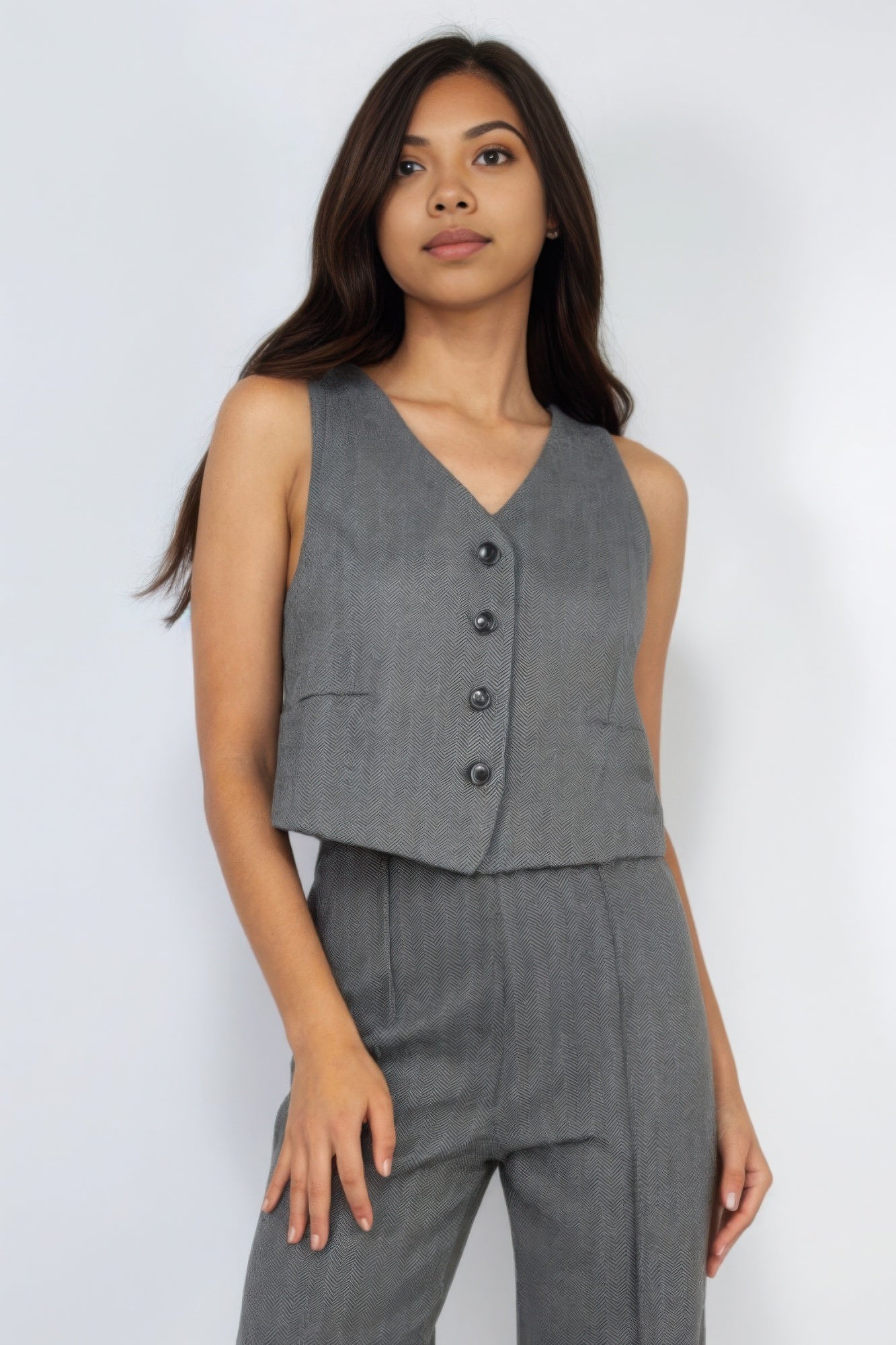 Herringbone V-neck Buttoned Vest Top - Tigbul's Variety Fashion Shop