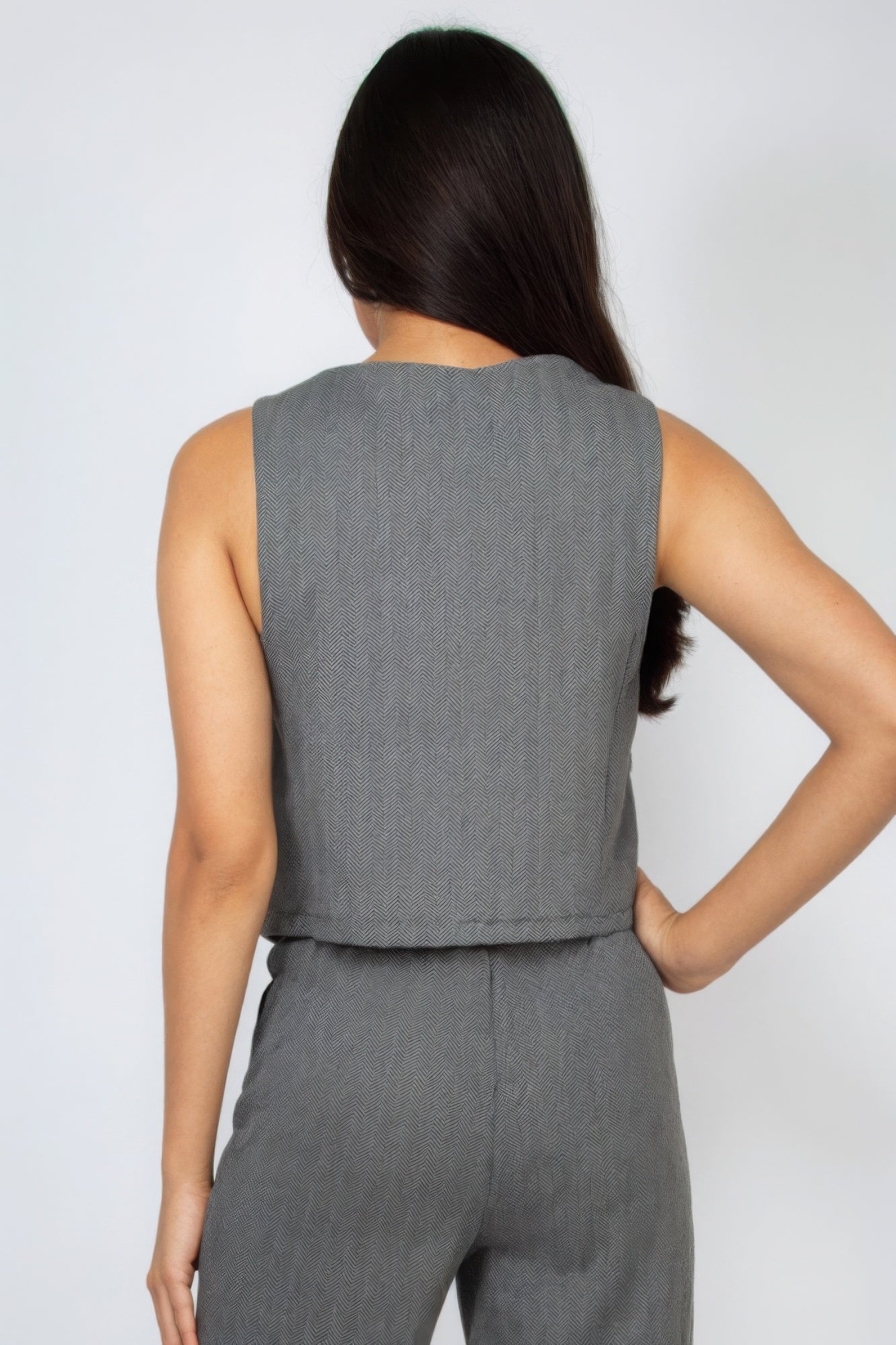 Herringbone V-neck Buttoned Vest Top - Tigbul's Variety Fashion Shop