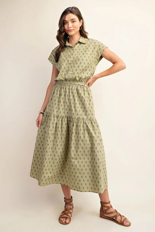 Pistachio Green Printed Tiered Midi Skirt - Tigbul's Variety Fashion Shop