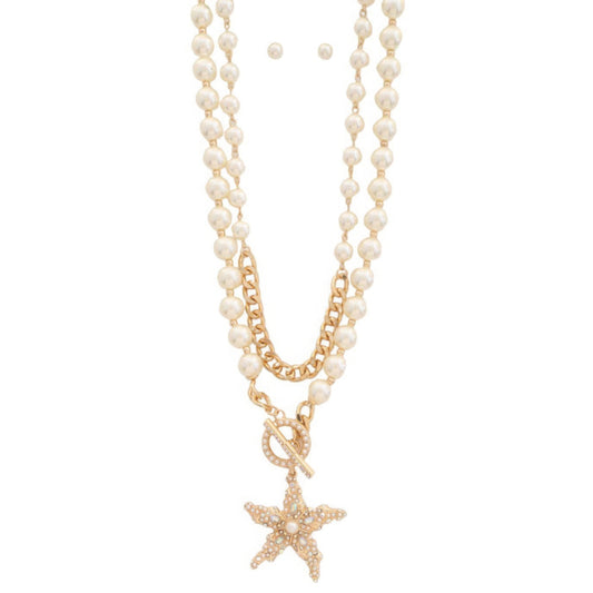 Star pendant pearl bead toggle clasp layered necklace - Tigbul's Variety Fashion Shop