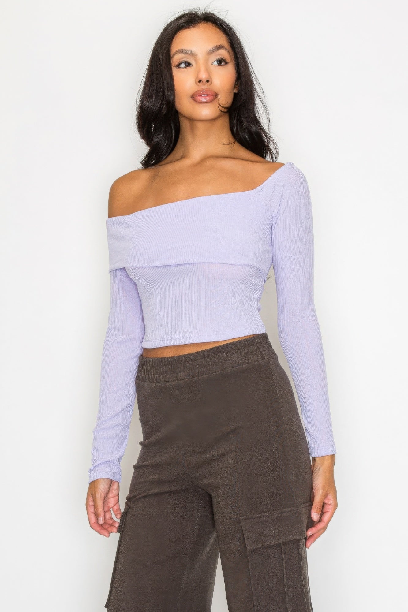 Bardot ribbed long sleeve crop top - Tigbul's Variety Fashion Shop