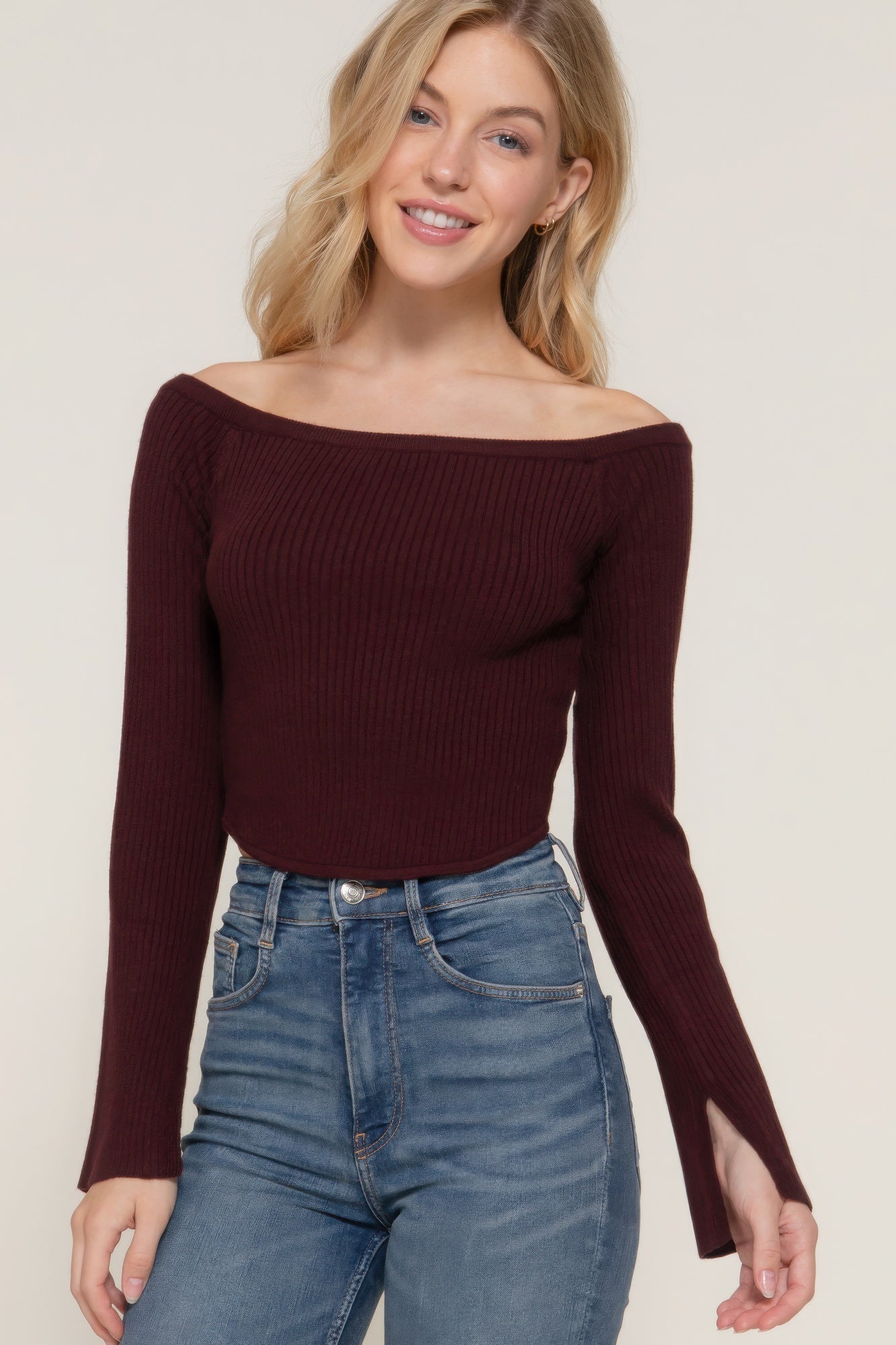 Long sleeve off shoulder sweater in maroon - Tigbul's Variety Fashion Shop