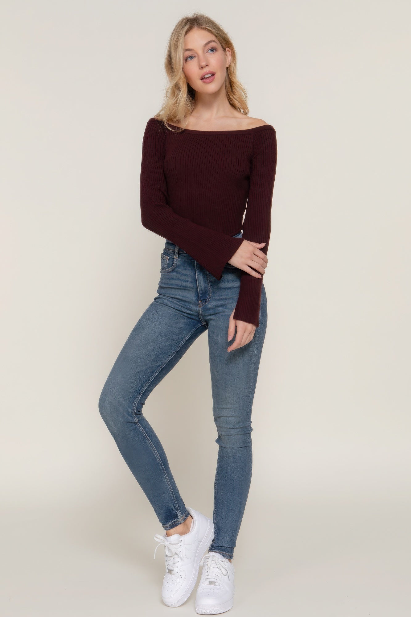 Long sleeve off shoulder sweater in maroon - Tigbul's Variety Fashion Shop