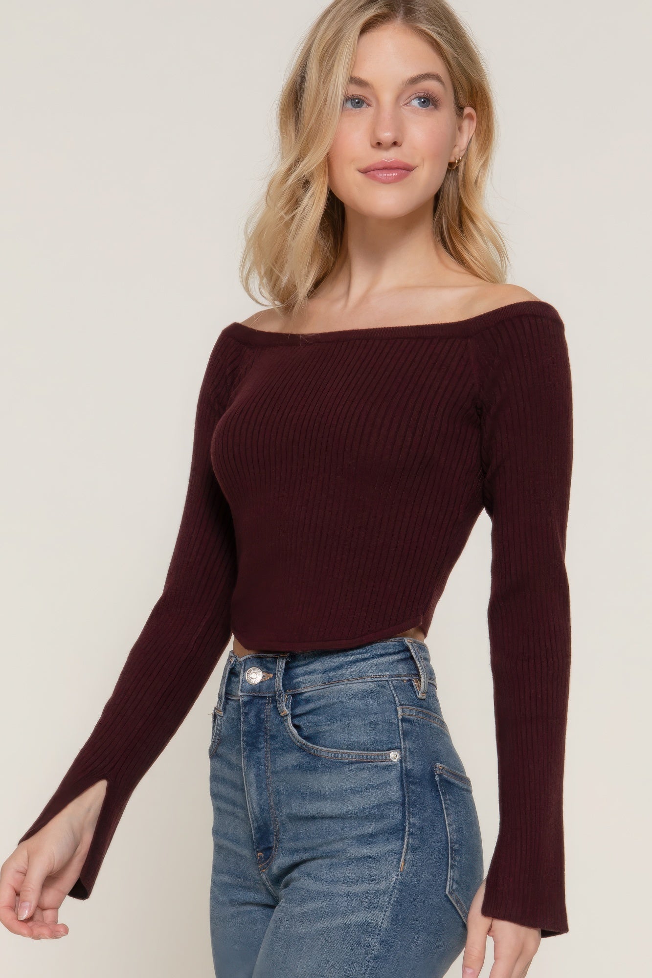 Long sleeve off shoulder sweater in maroon - Tigbul's Variety Fashion Shop