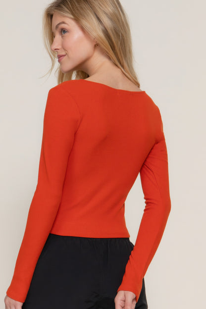 Long slv sweetheart neck seam detail knit top - Tigbul's Variety Fashion Shop