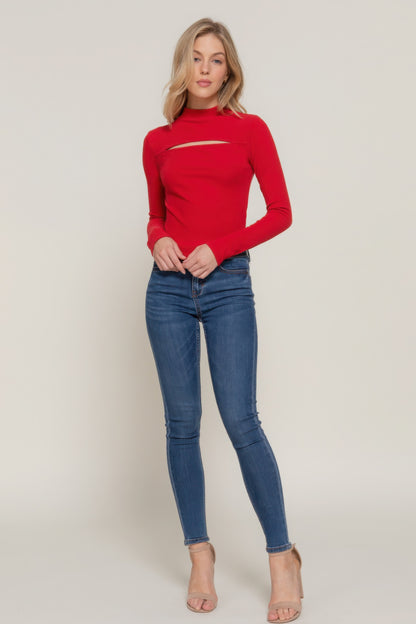 Long slv mock neck kyehole rib knit top - Tigbul's Variety Fashion Shop