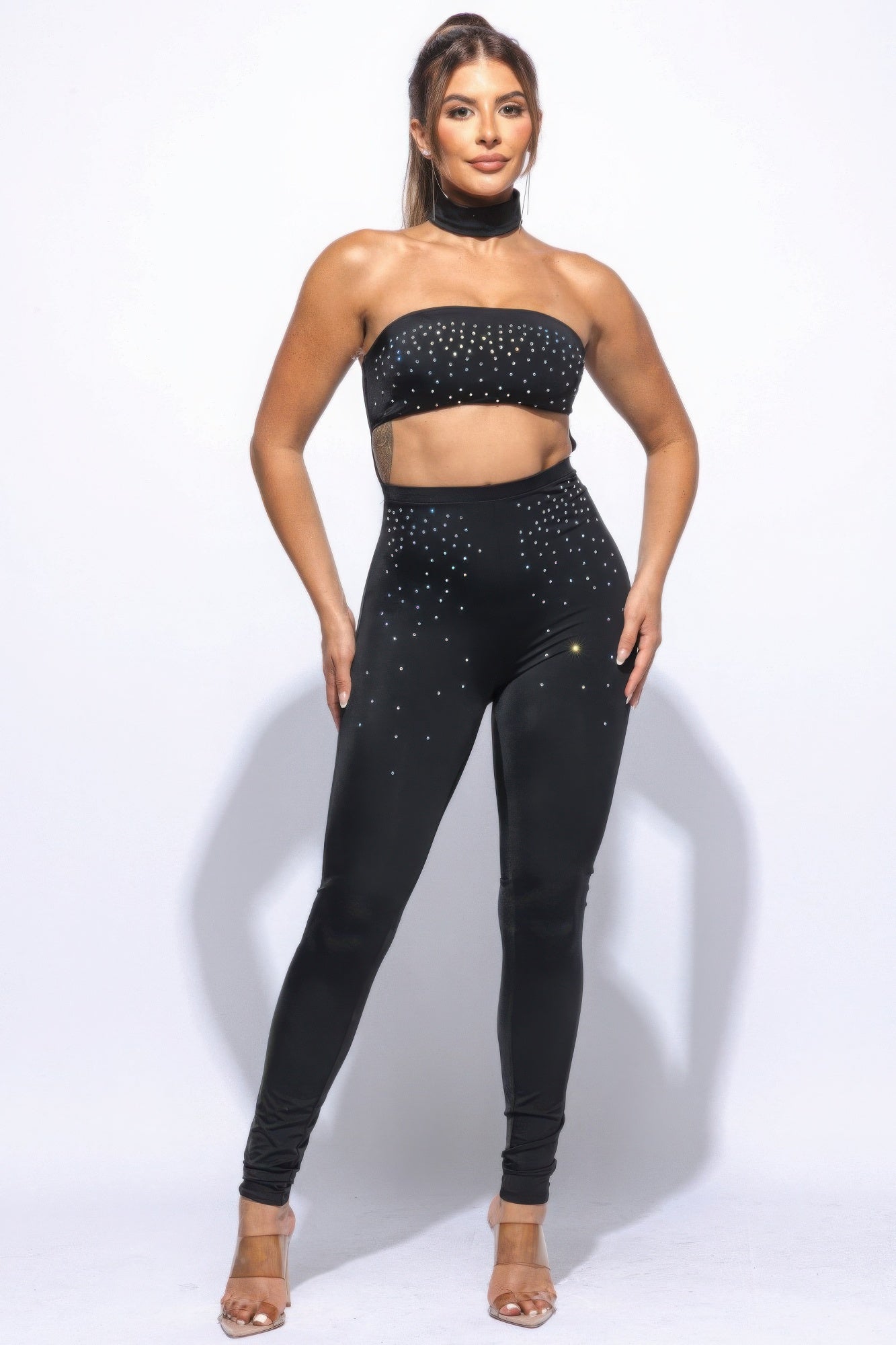 Chocker Tube Jumpsuit: black bandeau top with rhinestone speckle, skinny pants